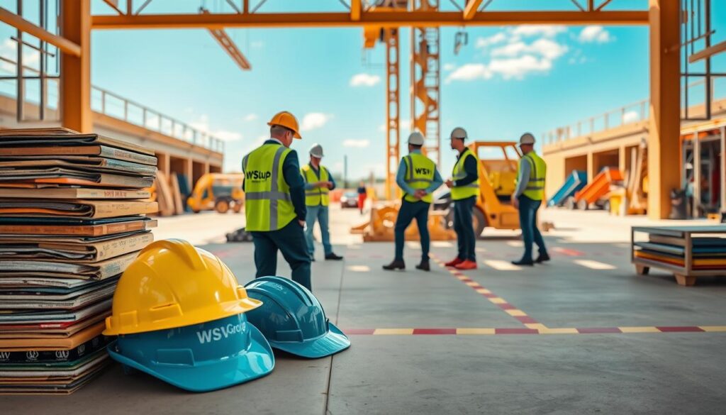 A clean and organized construction job site featuring a neat arrangement of tools and materials, with clearly marked safety zones. In the foreground, hard hats and safety vests are neatly stacked, emphasizing professionalism. In the middle, workers in business attire and safety gear efficiently coordinate tasks, showcasing teamwork. The background reveals a well-maintained site with clear pathways, visible equipment stored safely, and a bright blue sky overhead. Warm, natural lighting highlights the orderliness of the environment, creating an atmosphere of safety and clarity. The scene reflects the importance of jobsite cleanliness, with the branding "WSV Group Construction" subtly incorporated into the safety vests of the workers.