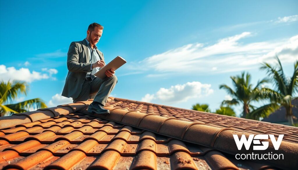 A detailed roof inspection scene showcasing seasonal considerations in Florida. Foreground: a professional inspector in modest business attire carefully examining a roof's shingles, using a clipboard and flashlight. Middle ground: the roof’s surface clearly showing wear from summer sun and winter storms, with visible signs like cracked tiles and accumulated debris. Background: a bright blue sky transitioning to soft clouds, suggesting a pleasant but watchful atmosphere. Include elements of lush Florida landscape, such as palm trees and vibrant greenery. Use warm, natural lighting to emphasize the seasonality and a wide-angle view to capture the entire roof’s condition. The scene conveys diligence and professionalism, featuring the brand name "WSV Group Construction" subtly integrated in the setting.