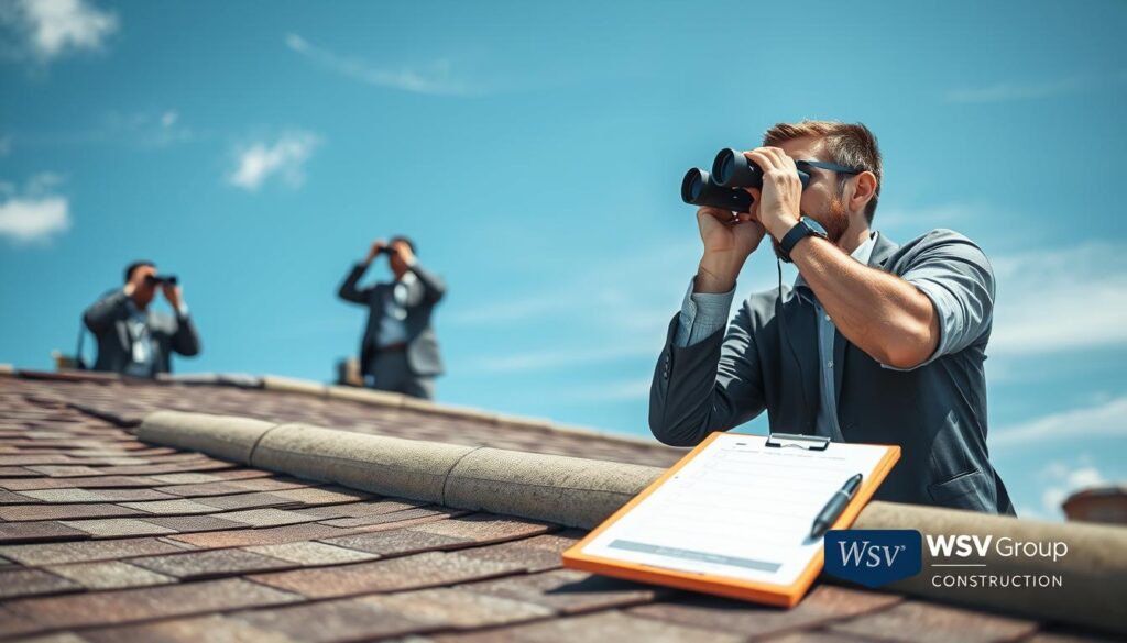 A professional team of roof inspectors, wearing business attire, examines a sloped residential roof in sunny Florida. In the foreground, a qualified inspector uses binoculars to assess the roof's condition, while a clipboard with a checklist lies on a nearby roof edge. The middle ground features the textured surface of a well-maintained shingle roof, showcasing detailed elements like flashing, vents, and clean gutters. In the background, a clear blue sky with a few wispy clouds enhances the bright, optimistic atmosphere. Soft, natural sunlight casts gentle shadows, emphasizing the expertise and diligence of the inspectors. The image subtly incorporates the branding "WSV Group Construction" on the clipboard, reinforcing professionalism. The overall mood is proactive, focused on ensuring home safety and maintenance.