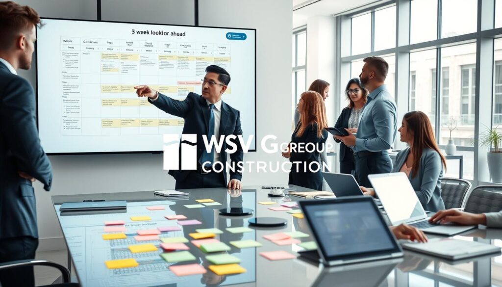 A business executive team in a modern office setting, discussing a 3-week look-ahead schedule spread across a sleek conference table, filled with colorful post-it notes, digital tablets, and laptops. Foreground features focused expressions of two individuals in professional attire, one male and one female, pointing at a large wall-mounted monitor displaying a detailed project timeline. Middle ground includes a collaborative atmosphere with other team members engaged in discussion and reviewing documents. Background shows a bright office space with floor-to-ceiling windows letting in natural light, emphasizing a sense of transparency and organization. The mood is professional and proactive, reflecting teamwork and commitment to project execution. The logo "WSV Group Construction" subtly integrated in the presentation on the screen.