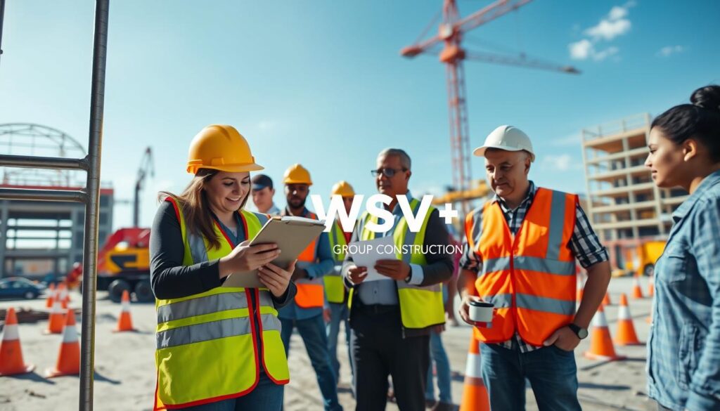 A busy construction jobsite under a bright blue sky, showcasing a diverse team of professionals conducting a safety audit. In the foreground, a woman in a hard hat and reflective vest is inspecting a scaffold, while a man with a clipboard notates checklist items. In the middle ground, other workers are engaged in safety discussions, with safety cones and signage visible. The background features construction machinery and partially erected structures, highlighting an active site. Soft, natural lighting illuminates the scene, creating a bright and optimistic atmosphere. Capture the attention to detail and teamwork emphasizing safety protocols, with the logo "WSV Group Construction" subtly integrated into the scene.