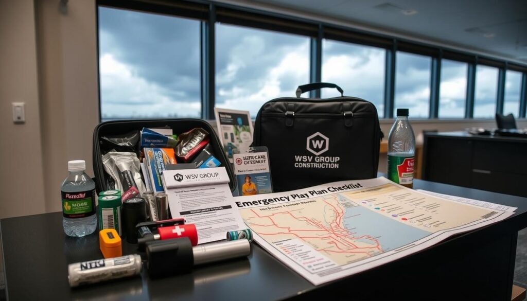 A comprehensive display of hurricane preparedness resources, featuring a well-organized tabletop filled with essential items. In the foreground, a sturdy emergency kit prominently displays flashlights, batteries, a first aid kit, water bottles, and non-perishable food items, all neatly arranged. The middle layer showcases a detailed emergency plan checklist and a map indicating evacuation routes specific to St. Petersburg, highlighting the importance of thorough preparation. In the background, a window reveals a stormy sky, illustrating the urgency of the situation. Soft, natural lighting enhances the scene, creating a focused yet serious mood. Include the logo of "WSV Group Construction" subtly on the emergency kit. Capture the atmosphere of readiness and professionalism in a clean, well-lit interior setting.