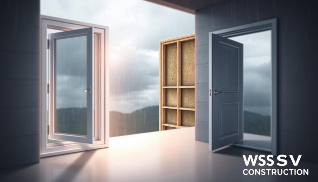 A detailed illustration depicting vulnerabilities in windows and doors within a building envelope. In the foreground, focus on an open window and door, clearly showing gaps and improper sealing, with subtle light shining through, highlighting water infiltration points. In the middle ground, a partially exposed wall reveals insulation and framing, emphasizing structural weaknesses. The background features a cloudy sky, suggesting impending rain, to enhance the atmosphere of vulnerability. Utilize a soft focus effect to draw attention to the windows and doors, while maintaining a professional, educational tone. The overall mood is informative, with a technical precision that underscores the structural concerns. Include the brand name "WSV Group Construction" subtly integrated into the scene, ensuring no text overlays or logos appear prominently.