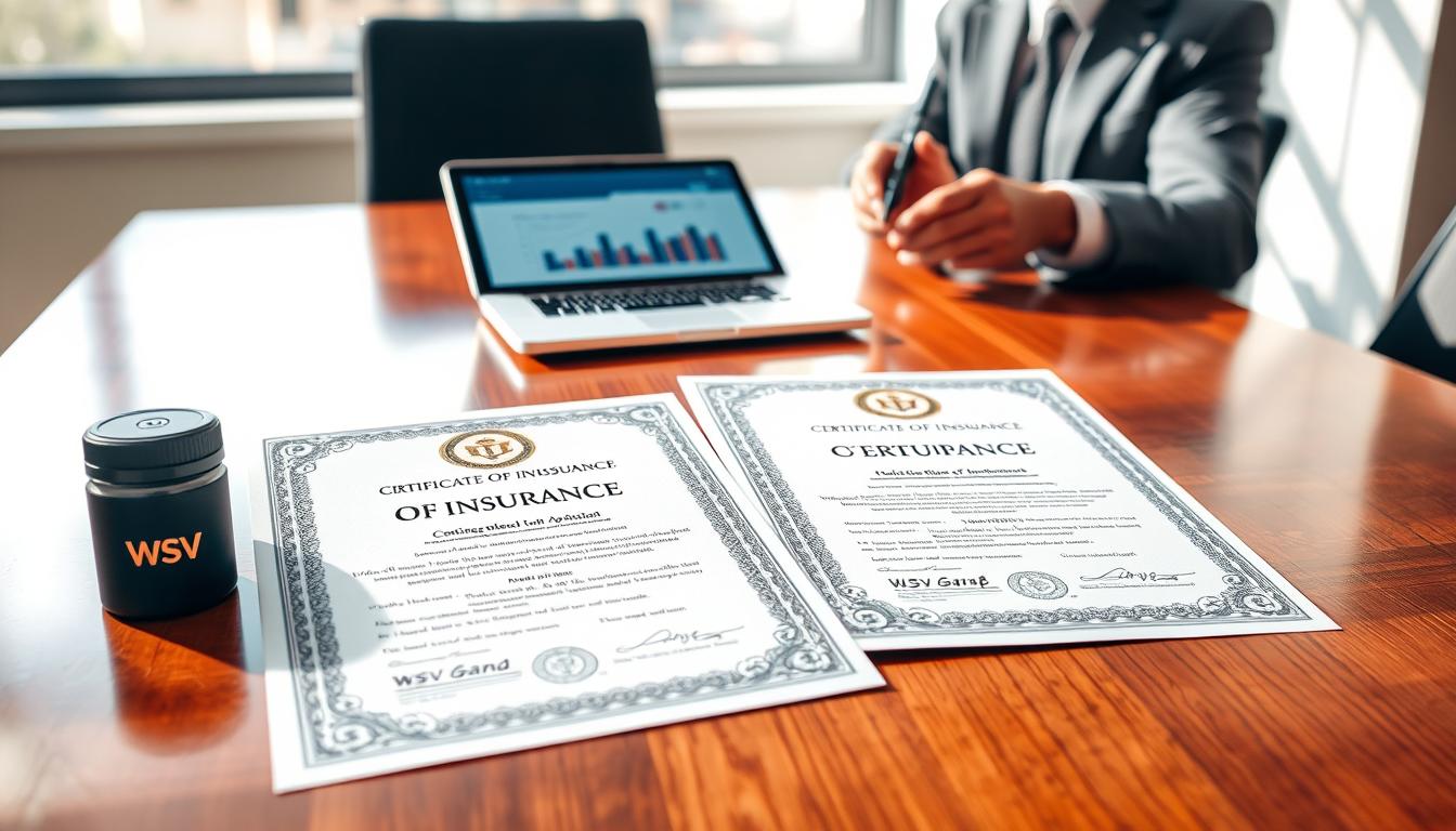 A detailed image of two Certificates of Insurance prominently displayed on a polished wooden desk in a well-lit conference room. Each certificate features intricate border designs, official seals, and a watermark. In the foreground, a pair of hands in professional business attire can be seen holding a pen, as if about to sign the documents. The middle ground includes a laptop with charts on the screen, symbolizing business management. In the background, there is a large window letting in soft natural light, casting gentle shadows that create a warm atmosphere. The scene conveys professionalism and trust, reflecting the importance of insurance in contractor agreements. Include the logo of "WSV Group Construction" subtly in the corner of one certificate. A detailed image of two Certificates of Insurance prominently displayed on a polished wooden desk in a well-lit conference room. Each certificate features intricate border designs, official seals, and a watermark. In the foreground, a pair of hands in professional business attire can be seen holding a pen, as if about to sign the documents. The middle ground includes a laptop with charts on the screen, symbolizing business management. In the background, there is a large window letting in soft natural light, casting gentle shadows that create a warm atmosphere. The scene conveys professionalism and trust, reflecting the importance of insurance in contractor agreements. Include the logo of "WSV Group Construction" subtly in the corner of one certificate.