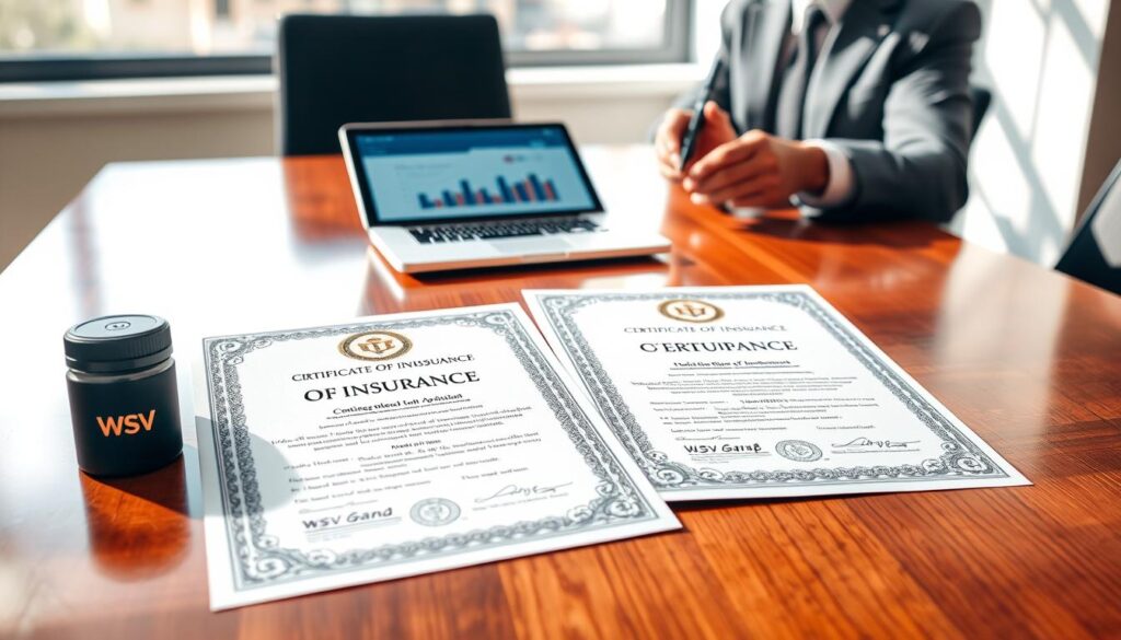 A detailed image of two Certificates of Insurance prominently displayed on a polished wooden desk in a well-lit conference room. Each certificate features intricate border designs, official seals, and a watermark. In the foreground, a pair of hands in professional business attire can be seen holding a pen, as if about to sign the documents. The middle ground includes a laptop with charts on the screen, symbolizing business management. In the background, there is a large window letting in soft natural light, casting gentle shadows that create a warm atmosphere. The scene conveys professionalism and trust, reflecting the importance of insurance in contractor agreements. Include the logo of "WSV Group Construction" subtly in the corner of one certificate.