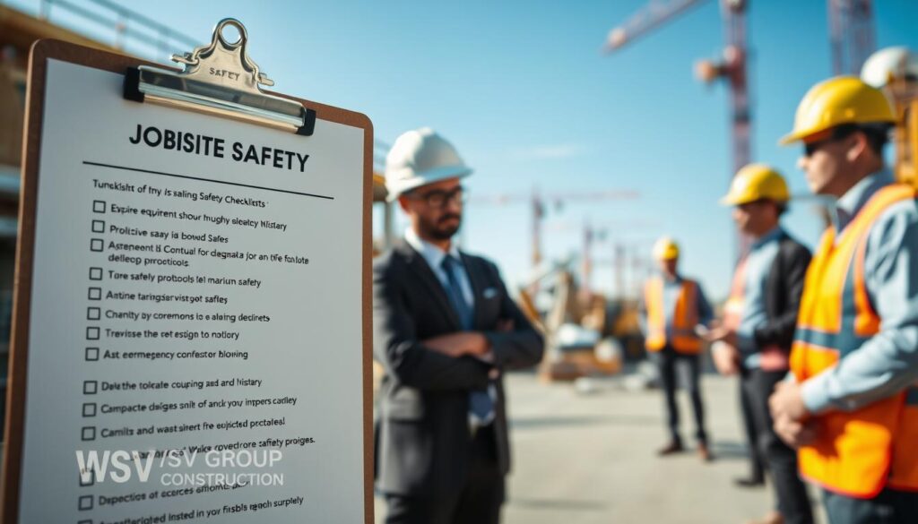 A detailed jobsite safety checklist prominently displayed on a clipboard in the foreground, featuring bullet points for essential safety measures like equipment checks, protective gear requirements, and emergency procedures. In the middle ground, a focused construction site scene includes workers in professional business attire, wearing hard hats and safety vests as they discuss safety protocols. The background showcases a bustling construction environment with machinery and scaffolding, under a clear blue sky. Soft, natural lighting highlights the workers and the checklist, creating a sense of seriousness yet professionalism. The image captures the essence of safety in construction with the brand name "WSV Group Construction" subtly implied through design elements, while maintaining a clean, organized appearance.