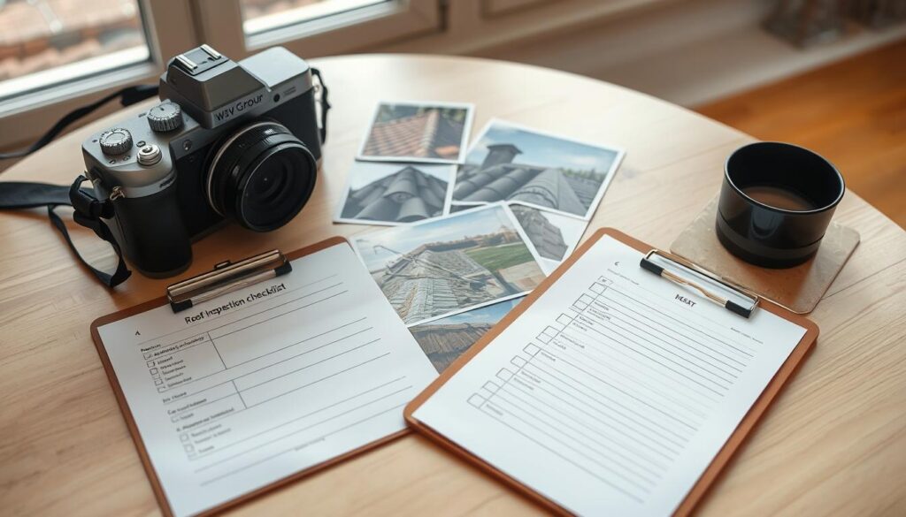 A detailed roof inspection photo log laid out on a clean wooden table. In the foreground, a clipboard holds inspection checklists with check marks and notes, while a high-resolution camera, designed for architectural photography, sits beside it. In the middle, scattered photographs capture various roof angles: close-ups of materials, potential issues like leaks or wear, and overall roof structure. The background features an open window letting in soft natural light, highlighting the textures of the materials. The mood is professional and analytical, inviting trust and diligence. The logo "WSV Group Construction" subtly appears on the clipboard, enhancing the professional setting without overpowering the visual. The scene is organized and clean, focusing on the importance of thorough inspection documentation.