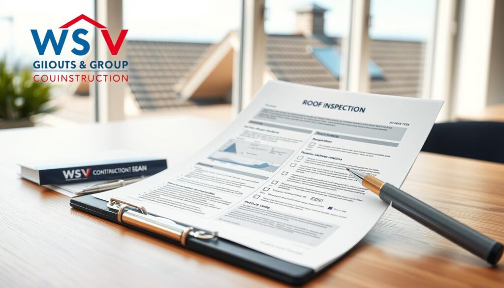 A detailed roof inspection report template displayed prominently on a clean, modern wooden desk as the foreground, featuring realistic elements like a clipboard, a pen, and some roof inspection tools neatly arranged. The middle layer includes the report itself, showcasing sections like “Findings,” “Recommendations,” and “Follow-Up Actions” in a structured layout, with graphical elements like diagrams and checklists. In the background, a window reveals a clear blue sky and a portion of a residential roof, enhancing the context of the inspection. Soft, natural lighting filters in, creating an inviting atmosphere, while a shallow depth of field keeps the report in sharp focus and softly blurs the background. The logo of "WSV Group Construction" is subtly placed at the top corner of the report, emphasizing a professional touch.