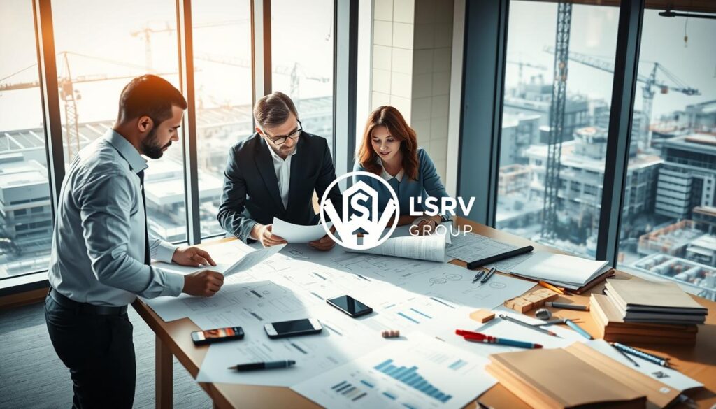 A detailed visual representation of the construction estimating process. In the foreground, a diverse team of three professionals in business attire—two men and one woman—are intently collaborating over blueprints and a laptop, analyzing costs and timelines. The middle ground features a large drafting table scattered with construction materials, digital devices, and charts showing project estimates. In the background, a window reveals a bustling construction site, with cranes and workers in action, highlighting the real-world impact of their work. Soft, natural lighting streams through the window, creating a focused yet dynamic atmosphere. The entire scene is branded with the emblem of "WSV Group Construction" subtly integrated into the design, emphasizing a sense of professionalism and expertise in construction estimating.