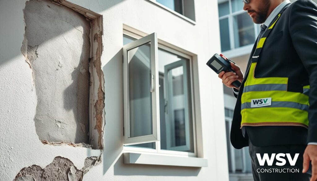 A detailed water intrusion inspection scene featuring a professional inspector wearing business attire, holding moisture detection equipment. In the foreground, the inspector is focused on examining a damaged wall, revealing signs of water damage such as peeling paint and mold spots. The middle ground showcases a partially opened window that shows evidence of water infiltration. In the background, a modern building's exterior, highlighting a well-maintained facade juxtaposed with areas of concern. Natural lighting illuminates the scene, with soft shadows cast by the inspector and surrounding structures. The atmosphere is serious and methodical, reflecting the importance of a thorough assessment. Include the WSV Group Construction logo subtly integrated into the inspector's gear.
