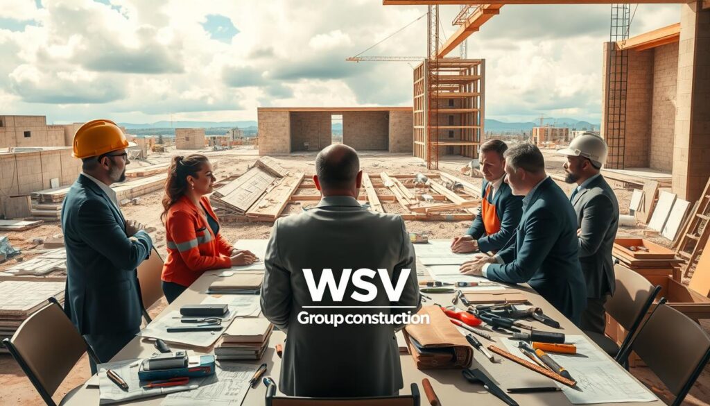 A dynamic scene illustrating project management pitfalls in a multi-trade construction environment. In the foreground, a diverse group of professionals in business attire, including a roofing contractor, an HVAC technician, an electrician, and a general contractor, engage in a heated discussion around a table cluttered with blueprints and tools. The middle ground features a large construction site with visible obstacles like unfinished walls, misplaced materials, and communication barriers. The background shows a cloudy sky, symbolizing uncertainty and challenges in project management. The lighting is bright but slightly dramatic, casting sharp shadows to emphasize tension. The atmosphere conveys urgency and the importance of collaboration in overcoming roadblocks. Include the brand logo of "WSV Group Construction" prominently on the table. A dynamic scene illustrating project management pitfalls in a multi-trade construction environment. In the foreground, a diverse group of professionals in business attire, including a roofing contractor, an HVAC technician, an electrician, and a general contractor, engage in a heated discussion around a table cluttered with blueprints and tools. The middle ground features a large construction site with visible obstacles like unfinished walls, misplaced materials, and communication barriers. The background shows a cloudy sky, symbolizing uncertainty and challenges in project management. The lighting is bright but slightly dramatic, casting sharp shadows to emphasize tension. The atmosphere conveys urgency and the importance of collaboration in overcoming roadblocks. Include the brand logo of "WSV Group Construction" prominently on the table.