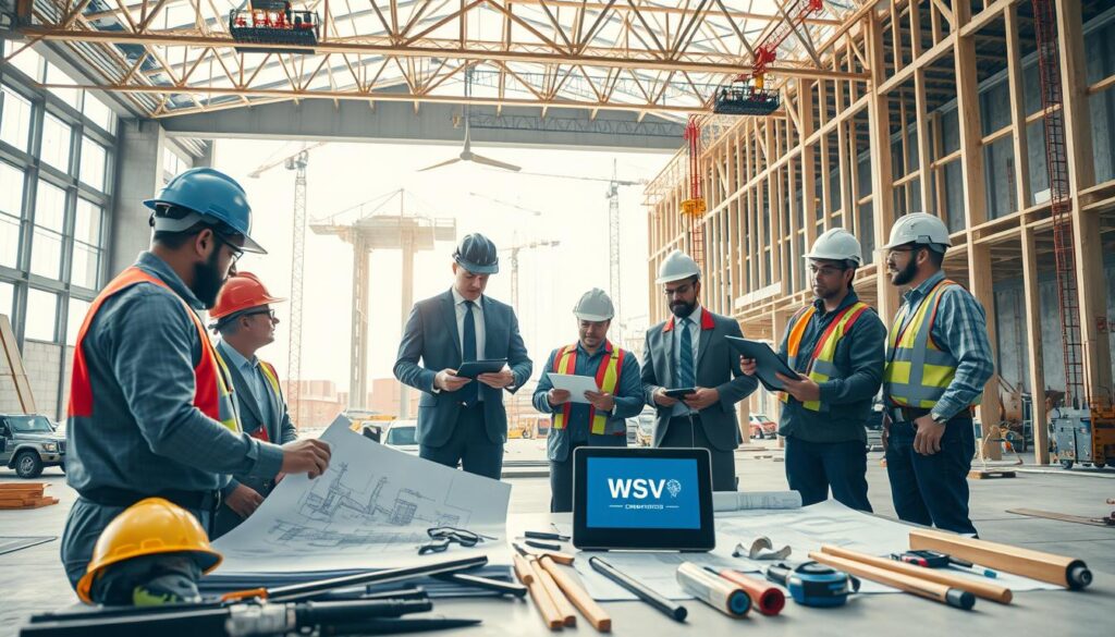 A modern construction site illustrating "Collaboration and Technology in Construction." In the foreground, a diverse group of professionals in professional business attire—roofers, HVAC technicians, and electricians—are engaged in a planning session, surrounded by blueprints and digital tablets showing real-time project updates. In the middle ground, advanced tools and machinery are neatly arranged, emphasizing seamless teamwork. The background features a newly framed building with cranes and scaffolding, showcasing the multi-trade nature of construction. The lighting is bright and dynamic, enhancing the sense of activity and innovation. The atmosphere is focused and collaborative, reflecting efficiency. Include the logo of WSV Group Construction subtly on one of the digital tablets. A modern construction site illustrating "Collaboration and Technology in Construction." In the foreground, a diverse group of professionals in professional business attire—roofers, HVAC technicians, and electricians—are engaged in a planning session, surrounded by blueprints and digital tablets showing real-time project updates. In the middle ground, advanced tools and machinery are neatly arranged, emphasizing seamless teamwork. The background features a newly framed building with cranes and scaffolding, showcasing the multi-trade nature of construction. The lighting is bright and dynamic, enhancing the sense of activity and innovation. The atmosphere is focused and collaborative, reflecting efficiency. Include the logo of WSV Group Construction subtly on one of the digital tablets.