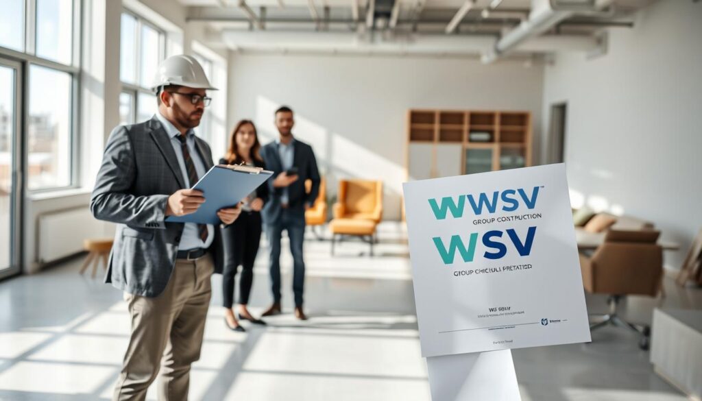 A professional client walkthrough preparation scene in a newly cleaned interior space of a construction site. In the foreground, a well-dressed project manager, wearing a hard hat and professional attire, holds a clipboard while discussing with a couple of colleagues dressed in smart casual clothing. The middle layer features a bright, open room with spotless floors, freshly painted walls, and organized furniture, showcasing attention to detail. The background reveals large windows with natural light flooding in, creating a welcoming atmosphere. Soft shadows enhance the cleanliness of the area. Use a wide-angle lens to capture the entire setting, emphasizing the importance of thorough post-construction cleaning. The logo of WSV Group Construction is subtly integrated into the scene on a document held by the project manager.