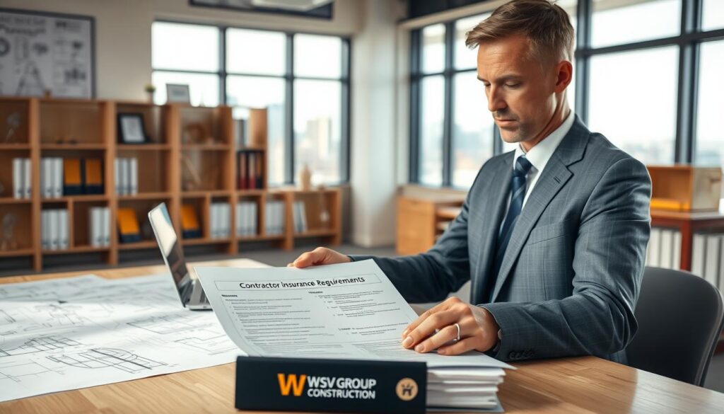 A professional contractor reviewing insurance documents in a well-lit office space, surrounded by architectural blueprints and a laptop displaying graphs. In the foreground, the contractor, a middle-aged Caucasian man in a neat business suit, is focused on a detailed checklist titled “Contractor Insurance Requirements”. In the middle, a large window reveals a cityscape, symbolizing opportunities and challenges. The background includes shelves filled with construction books and awards, adding a sense of credibility. Soft natural light streams in, creating a calm yet professional atmosphere. The overall mood is serious and informative, emphasizing the critical nature of legal mandates for contractor insurance, with the logo of "WSV Group Construction" subtly visible on a file on the desk.