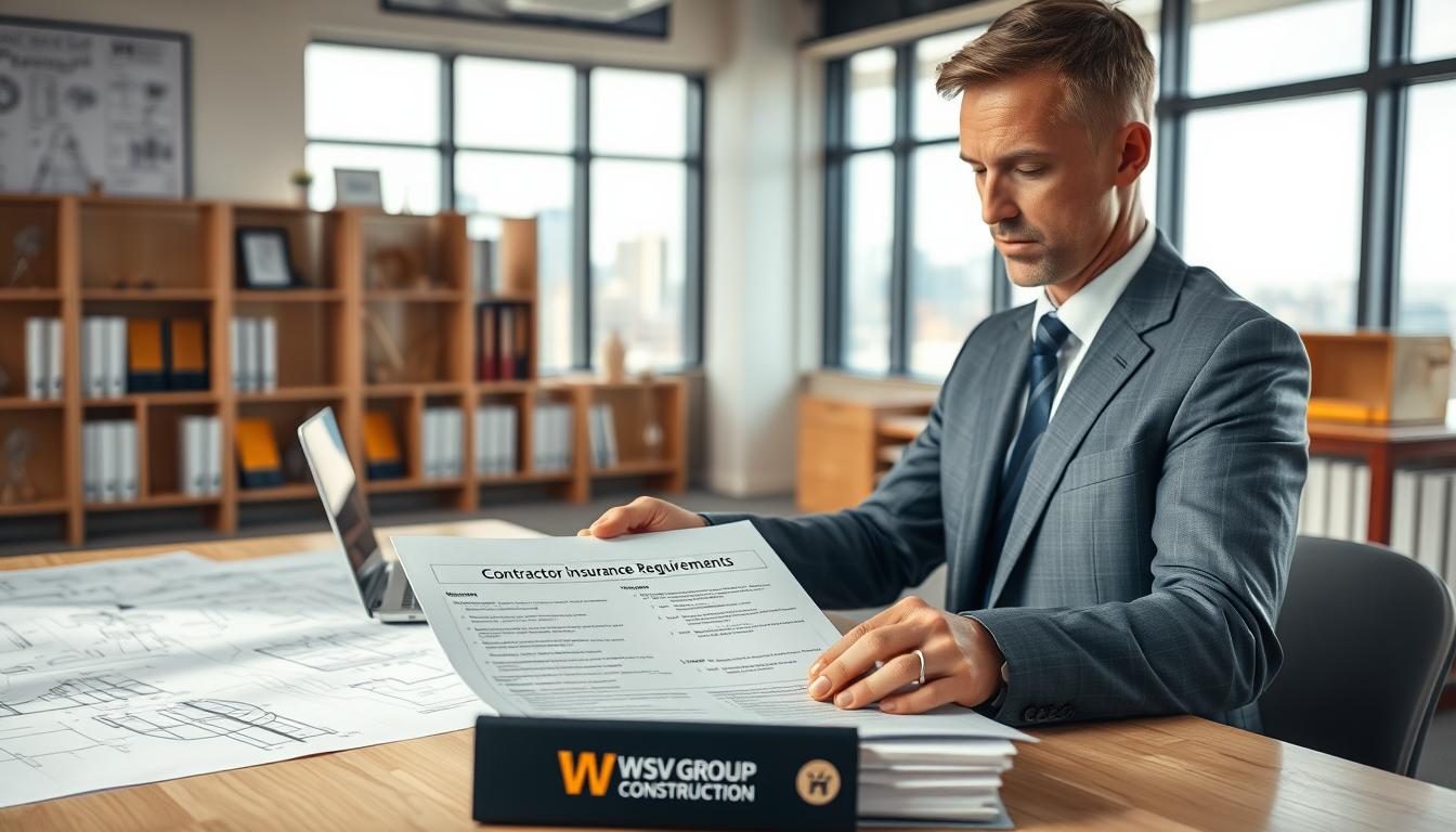 A professional contractor reviewing insurance documents in a well-lit office space, surrounded by architectural blueprints and a laptop displaying graphs. In the foreground, the contractor, a middle-aged Caucasian man in a neat business suit, is focused on a detailed checklist titled “Contractor Insurance Requirements”. In the middle, a large window reveals a cityscape, symbolizing opportunities and challenges. The background includes shelves filled with construction books and awards, adding a sense of credibility. Soft natural light streams in, creating a calm yet professional atmosphere. The overall mood is serious and informative, emphasizing the critical nature of legal mandates for contractor insurance, with the logo of "WSV Group Construction" subtly visible on a file on the desk. A professional contractor reviewing insurance documents in a well-lit office space, surrounded by architectural blueprints and a laptop displaying graphs. In the foreground, the contractor, a middle-aged Caucasian man in a neat business suit, is focused on a detailed checklist titled “Contractor Insurance Requirements”. In the middle, a large window reveals a cityscape, symbolizing opportunities and challenges. The background includes shelves filled with construction books and awards, adding a sense of credibility. Soft natural light streams in, creating a calm yet professional atmosphere. The overall mood is serious and informative, emphasizing the critical nature of legal mandates for contractor insurance, with the logo of "WSV Group Construction" subtly visible on a file on the desk.