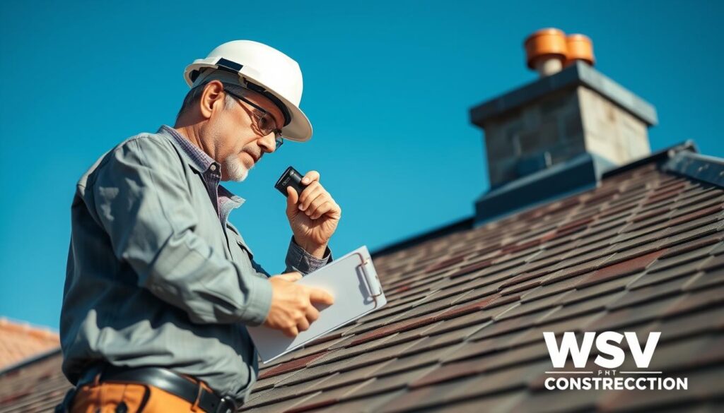 A professional roof inspector thoroughly examining a residential roof, showcasing intricate details of rooftop flashing and shingles. The inspector, wearing a hard hat and business attire, uses high-tech tools like a flashlight and a digital camera, with a clipboard in hand. In the foreground, focus on the inspector's focused expression and tools. The middle ground reveals the sloped roof with visible wear and potential leak points, highlighting the flashing around chimneys and vents. The background features a clear blue sky, emphasizing a bright, sunny day to evoke a sense of professionalism and diligence. Soft natural lighting casts gentle shadows, enhancing the texture of the roofing materials. The image symbolizes the importance of expert inspections, attributed to “WSV Group Construction.”