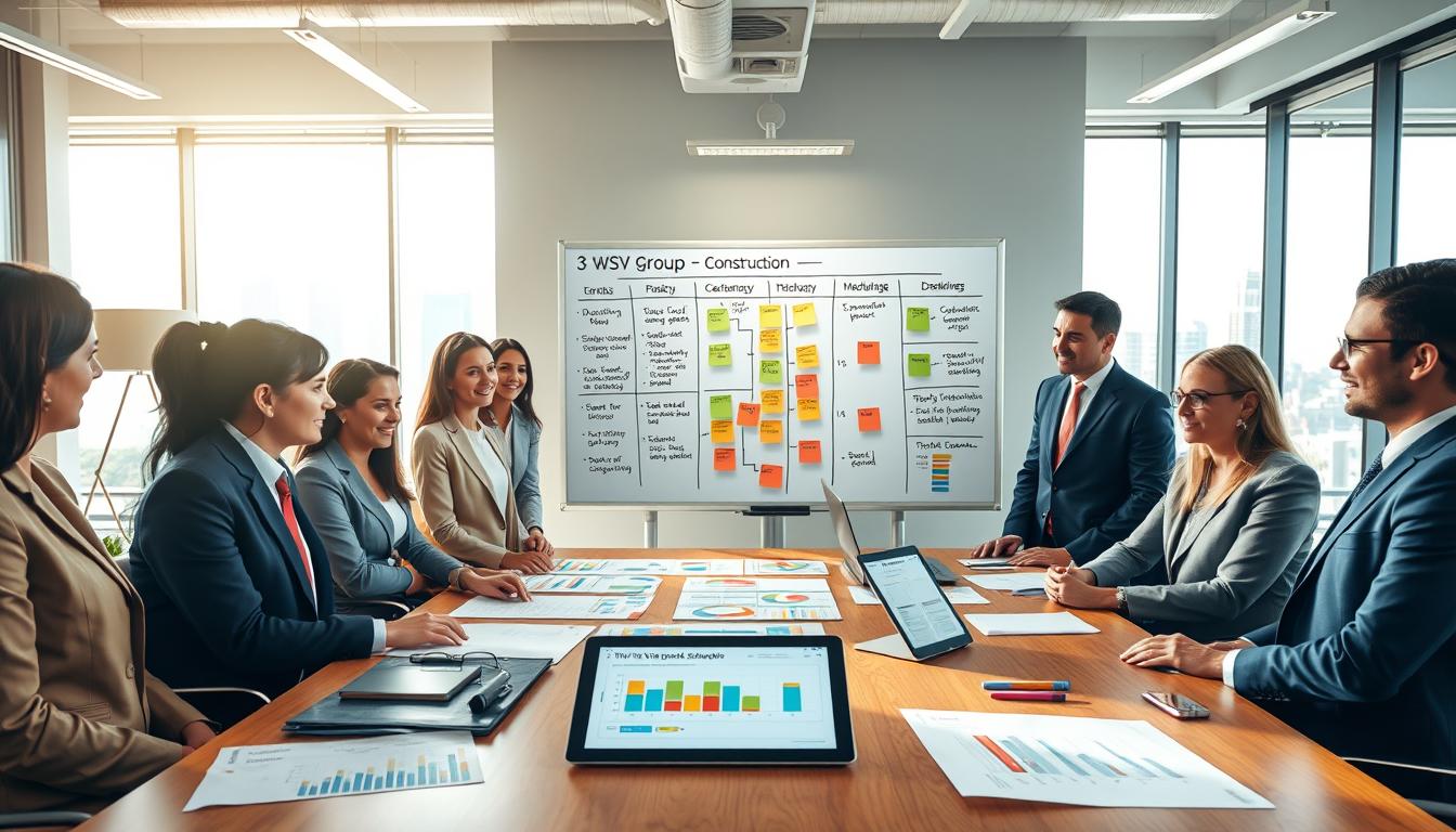 A professional workspace illustrating "3-Week Look-Ahead Schedule" planning. In the foreground, a diverse group of business professionals in smart attire are gathered around a large, wooden table covered with colorful charts, graphs, and a digital tablet displaying a project timeline. In the middle, a large whiteboard filled with strategic post-it notes and markers outlines key tasks and deadlines, labeled "WSV Group Construction." The background features a sunlit office environment with contemporary decor, large windows, and cityscape views. The lighting is bright and warm, creating a collaborative atmosphere. Capture this scene from a slightly elevated angle, showcasing the teamwork and focus involved in effective project planning. A professional workspace illustrating "3-Week Look-Ahead Schedule" planning. In the foreground, a diverse group of business professionals in smart attire are gathered around a large, wooden table covered with colorful charts, graphs, and a digital tablet displaying a project timeline. In the middle, a large whiteboard filled with strategic post-it notes and markers outlines key tasks and deadlines, labeled "WSV Group Construction." The background features a sunlit office environment with contemporary decor, large windows, and cityscape views. The lighting is bright and warm, creating a collaborative atmosphere. Capture this scene from a slightly elevated angle, showcasing the teamwork and focus involved in effective project planning.