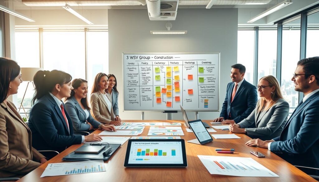 A professional workspace illustrating "3-Week Look-Ahead Schedule" planning. In the foreground, a diverse group of business professionals in smart attire are gathered around a large, wooden table covered with colorful charts, graphs, and a digital tablet displaying a project timeline. In the middle, a large whiteboard filled with strategic post-it notes and markers outlines key tasks and deadlines, labeled "WSV Group Construction." The background features a sunlit office environment with contemporary decor, large windows, and cityscape views. The lighting is bright and warm, creating a collaborative atmosphere. Capture this scene from a slightly elevated angle, showcasing the teamwork and focus involved in effective project planning.