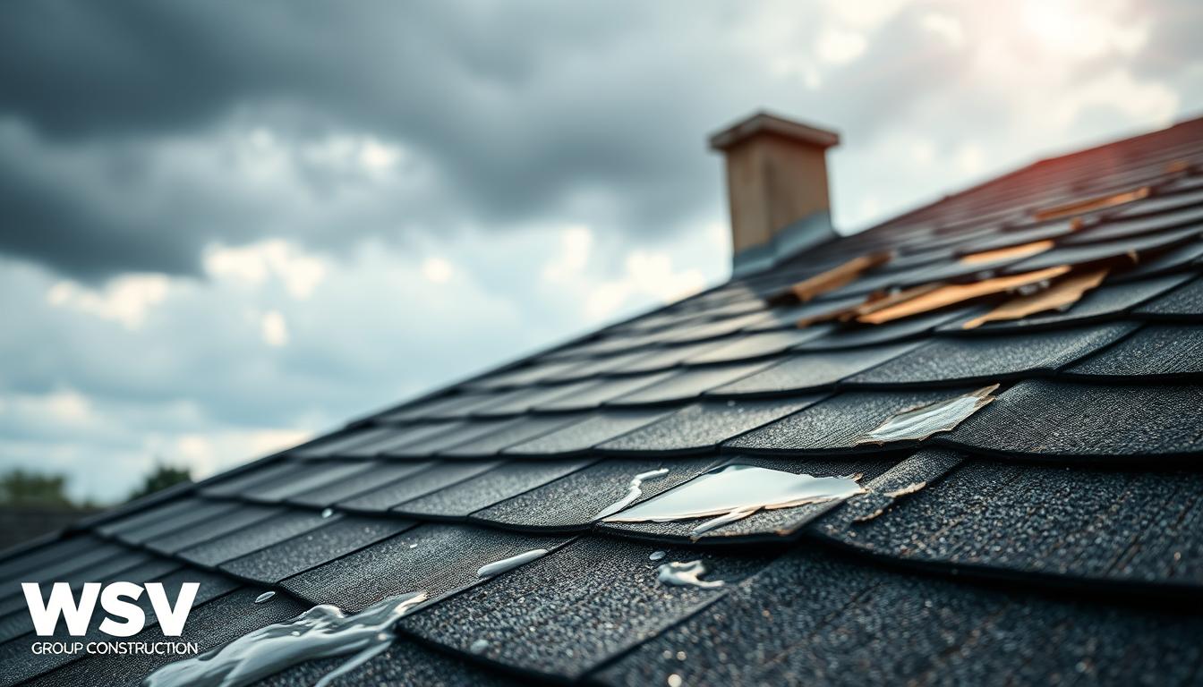 A visually striking image of a residential roof showing signs of poor drainage causing leaks. In the foreground, depict a close-up of water pooling around the base of roof shingles, with small droplets glistening in the light. In the middle ground, illustrate areas where the roofing material is damaged, revealing signs of wear, like cracks and mold growth. The background should include a cloudy sky with hints of rain, creating a gloomy atmosphere to convey urgency. Soft, diffused sunlight breaks through the clouds, casting subtle highlights on the roof. The composition should be shot from a slightly elevated angle as if someone is observing from a neighboring building. The image should evoke concern about roof maintenance and the effects of inadequate drainage, suitable for an informative article on roofing issues. Include the brand name "WSV Group Construction" subtly integrated into the scene. A visually striking image of a residential roof showing signs of poor drainage causing leaks. In the foreground, depict a close-up of water pooling around the base of roof shingles, with small droplets glistening in the light. In the middle ground, illustrate areas where the roofing material is damaged, revealing signs of wear, like cracks and mold growth. The background should include a cloudy sky with hints of rain, creating a gloomy atmosphere to convey urgency. Soft, diffused sunlight breaks through the clouds, casting subtle highlights on the roof. The composition should be shot from a slightly elevated angle as if someone is observing from a neighboring building. The image should evoke concern about roof maintenance and the effects of inadequate drainage, suitable for an informative article on roofing issues. Include the brand name "WSV Group Construction" subtly integrated into the scene.