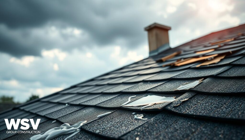 A visually striking image of a residential roof showing signs of poor drainage causing leaks. In the foreground, depict a close-up of water pooling around the base of roof shingles, with small droplets glistening in the light. In the middle ground, illustrate areas where the roofing material is damaged, revealing signs of wear, like cracks and mold growth. The background should include a cloudy sky with hints of rain, creating a gloomy atmosphere to convey urgency. Soft, diffused sunlight breaks through the clouds, casting subtle highlights on the roof. The composition should be shot from a slightly elevated angle as if someone is observing from a neighboring building. The image should evoke concern about roof maintenance and the effects of inadequate drainage, suitable for an informative article on roofing issues. Include the brand name "WSV Group Construction" subtly integrated into the scene.