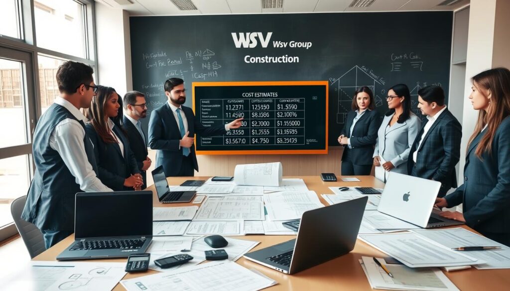 A well-organized construction estimation office scene featuring a diverse group of professionals in smart business attire discussing cost estimates. In the foreground, a large table is cluttered with architectural blueprints, calculators, and laptops displaying spreadsheets with detailed cost breakdowns. In the middle, a confident project manager points at a large digital display showing various types of cost estimates, such as preliminary, detailed, and bid estimates. The background includes a chalkboard filled with construction formulas and diagrams. Soft, natural daylight streams through large windows, casting a warm glow on the scene, creating an atmosphere of collaboration and focus. The office bears the brand name "WSV Group Construction" prominently in the background.