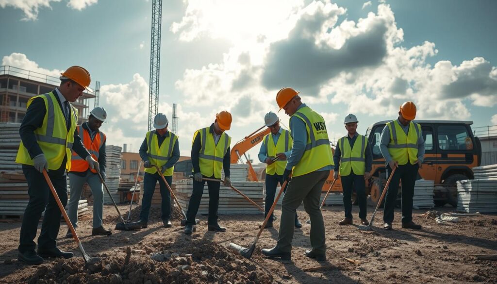 A well-organized construction site cleanup scene showing safety precautions in action. In the foreground, a diverse group of workers, dressed in professional business attire and safety gear, are using tools to clean the site, ensuring proper handling of debris and equipment. In the middle ground, stacks of construction materials and heavy machinery are present, with visible safety signage emphasizing caution and compliance. The background features a partly cloudy sky with sunlight filtering through, casting soft, natural light over the scene. The atmosphere is focused and diligent, highlighting teamwork in a clean, orderly environment. The WSV Group Construction logo is subtly integrated into the safety gear of the workers.