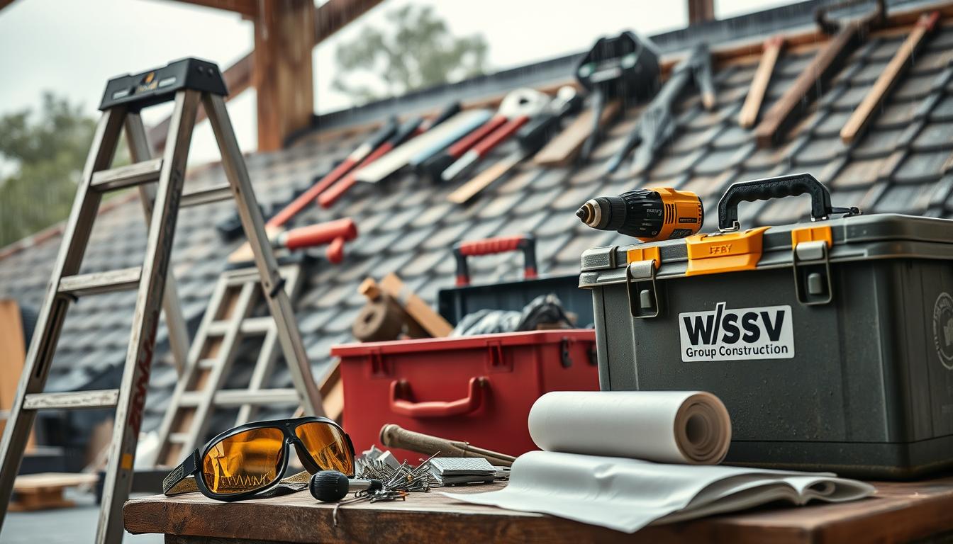 A well-organized workshop space featuring essential roof preparation tools for hurricane readiness. In the foreground, prominently display a sturdy ladder, a high-quality power drill, and a set of safety goggles, all well-lit to emphasize their importance. In the middle ground, include a toolbox filled with roofing nails, tar paper, and a roll of durable, weather-resistant underlayment, showing the tools scattered around to suggest active preparation. The background should have a partially finished roof with tools hanging nearby, under a light drizzle to evoke urgency, reflecting the threat of an impending storm. The lighting should be bright but slightly overcast. A subtle logo of "WSV Group Construction" can be included on the toolbox. The overall mood should feel industrious and focused on safety, showcasing the seriousness of hurricane preparation. A well-organized workshop space featuring essential roof preparation tools for hurricane readiness. In the foreground, prominently display a sturdy ladder, a high-quality power drill, and a set of safety goggles, all well-lit to emphasize their importance. In the middle ground, include a toolbox filled with roofing nails, tar paper, and a roll of durable, weather-resistant underlayment, showing the tools scattered around to suggest active preparation. The background should have a partially finished roof with tools hanging nearby, under a light drizzle to evoke urgency, reflecting the threat of an impending storm. The lighting should be bright but slightly overcast. A subtle logo of "WSV Group Construction" can be included on the toolbox. The overall mood should feel industrious and focused on safety, showcasing the seriousness of hurricane preparation.