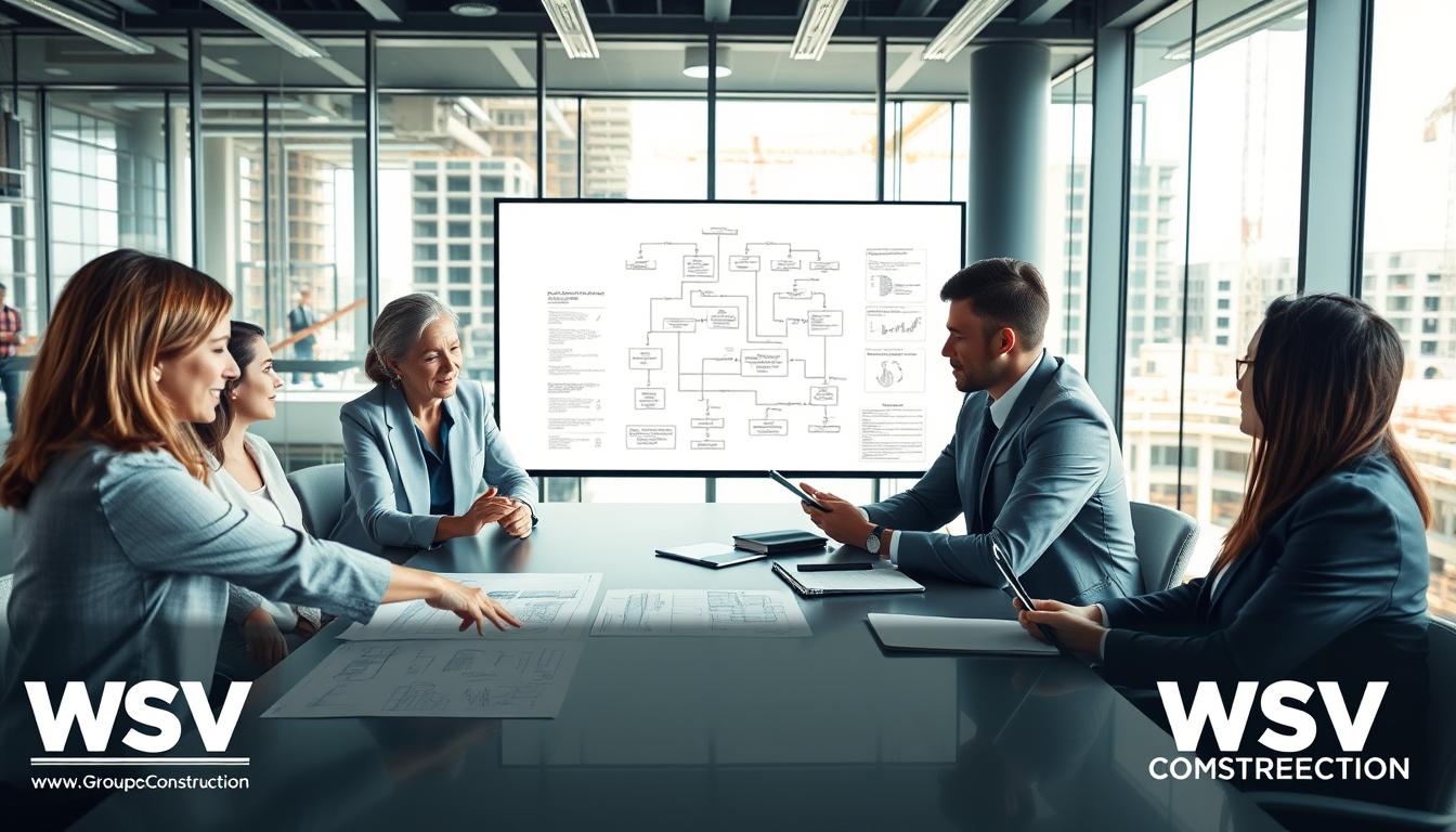 A collaborative meeting for "Collaborative Review and Peer Checks" in the commissioning process, featuring a diverse group of professionals in business attire gathered around a large conference table. In the foreground, a middle-aged woman is pointing at detailed building system diagrams on the table, while a younger man takes notes on a tablet. In the middle, a large screen displays a complex flowchart of building systems and checklists. The background shows a modern office with glass walls, showcasing a bustling construction site outside. Natural light filters through the windows, creating a bright and optimistic atmosphere. Emphasize teamwork and focus, with a professional yet engaging mood. Include the logo of WSV Group Construction subtly in the corner.