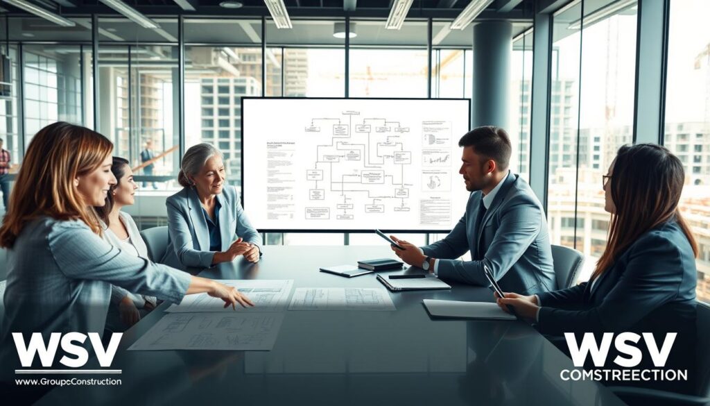A collaborative meeting for "Collaborative Review and Peer Checks" in the commissioning process, featuring a diverse group of professionals in business attire gathered around a large conference table. In the foreground, a middle-aged woman is pointing at detailed building system diagrams on the table, while a younger man takes notes on a tablet. In the middle, a large screen displays a complex flowchart of building systems and checklists. The background shows a modern office with glass walls, showcasing a bustling construction site outside. Natural light filters through the windows, creating a bright and optimistic atmosphere. Emphasize teamwork and focus, with a professional yet engaging mood. Include the logo of WSV Group Construction subtly in the corner.