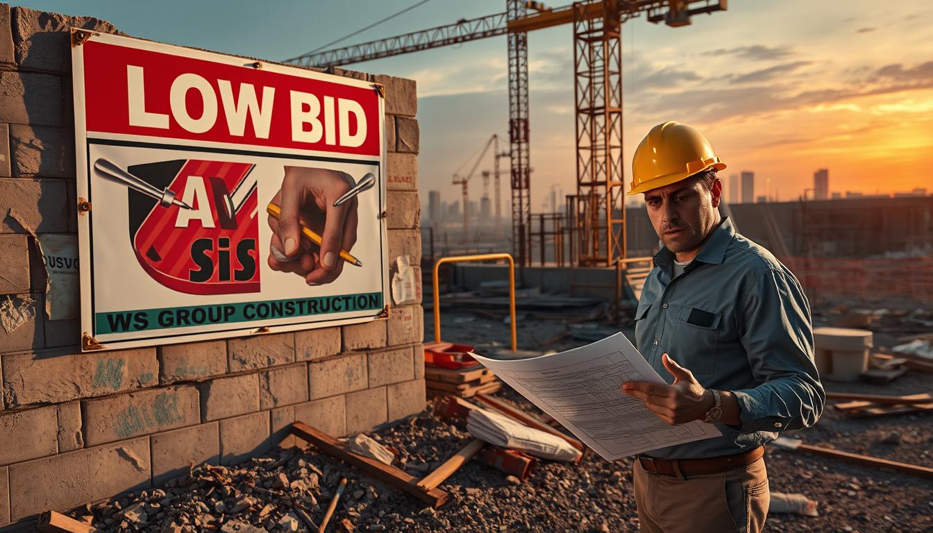 A construction site featuring a contrast between a flashy low-bid advertisement and hidden issues, such as crumbling walls, rusted tools, and a worried contractor in professional attire examining blueprints. In the foreground, the contractor looks concerned while examining a blueprint with a calculator in hand, surrounded by debris and misaligned structures, depicting the hidden costs behind a low bid. The middle ground shows the low-bid sign with flashy graphics, while the background reveals a chaotic site with unfinished work and safety hazards under soft, diffused lighting to create an atmosphere of unease. A subtle sunset casts long shadows, mirroring the looming problems. Include a logo for "WSV Group Construction" on the advertisement. A construction site featuring a contrast between a flashy low-bid advertisement and hidden issues, such as crumbling walls, rusted tools, and a worried contractor in professional attire examining blueprints. In the foreground, the contractor looks concerned while examining a blueprint with a calculator in hand, surrounded by debris and misaligned structures, depicting the hidden costs behind a low bid. The middle ground shows the low-bid sign with flashy graphics, while the background reveals a chaotic site with unfinished work and safety hazards under soft, diffused lighting to create an atmosphere of unease. A subtle sunset casts long shadows, mirroring the looming problems. Include a logo for "WSV Group Construction" on the advertisement.