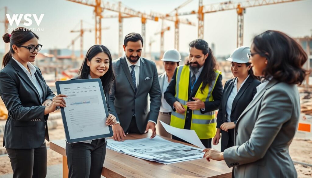 A dynamic construction project site scene, featuring a diverse group of professionals in business attire, engaged in a collaborative meeting. In the foreground, a confident project manager, a woman of Asian descent, is pointing at a transparent project timeline on a digital tablet, symbolizing clarity and openness. In the middle, a group of mixed-gender colleagues of various ethnic backgrounds attentively discuss blueprints and documents spread across a table, emphasizing teamwork and communication. The background shows an active construction site with cranes and workers in safety gear, illustrating progress. Soft natural lighting filters through, creating an optimistic atmosphere of transparency and success. The image subtly incorporates the logo of WSV Group Construction to reflect professionalism and brand identity. A dynamic construction project site scene, featuring a diverse group of professionals in business attire, engaged in a collaborative meeting. In the foreground, a confident project manager, a woman of Asian descent, is pointing at a transparent project timeline on a digital tablet, symbolizing clarity and openness. In the middle, a group of mixed-gender colleagues of various ethnic backgrounds attentively discuss blueprints and documents spread across a table, emphasizing teamwork and communication. The background shows an active construction site with cranes and workers in safety gear, illustrating progress. Soft natural lighting filters through, creating an optimistic atmosphere of transparency and success. The image subtly incorporates the logo of WSV Group Construction to reflect professionalism and brand identity.
