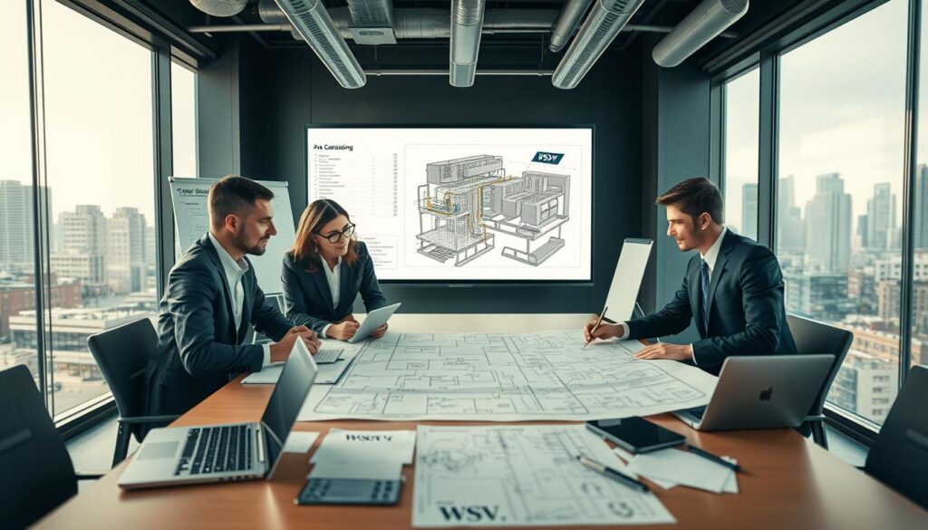 A modern office environment filled with professionals in business attire engaged in pre-commissioning planning and preparation. In the foreground, a diverse team of three individuals—two men and one woman—collaborate over a large technical blueprint on a conference table, surrounded by laptops and tablets displaying system schematics. The middle ground features a whiteboard filled with checklists and project timelines, while a digital screen projects a 3D model of a building’s mechanical systems. The background shows large windows with natural light pouring in, highlighting a bustling cityscape. The mood is focused and collaborative, reflecting a sense of urgency and professionalism. Capture the scene with soft, warm lighting from overhead fixtures and a shallow depth of field to emphasize the group, including the brand logo "WSV Group Construction" subtly on the materials they use.