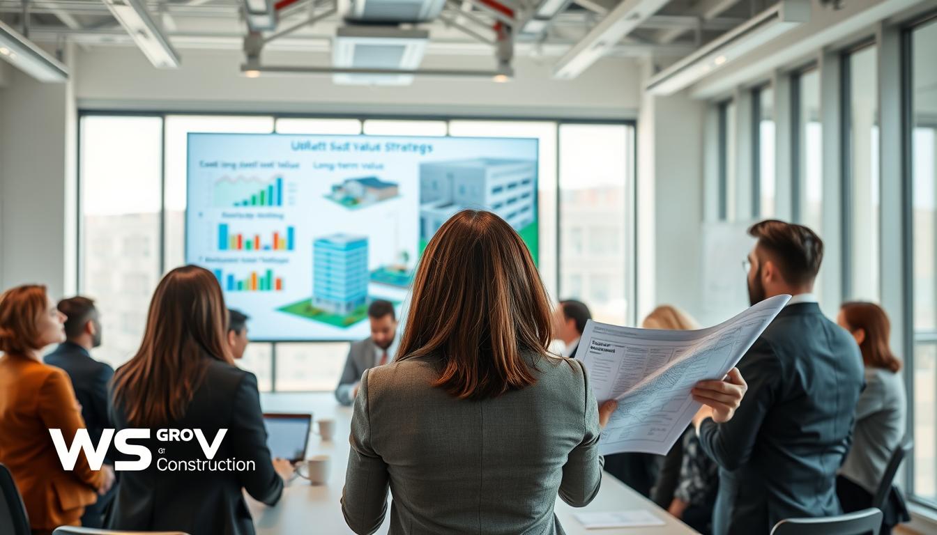 A professional construction meeting in a bright, modern conference room filled with diverse individuals in business attire. In the foreground, a focused female project manager presents a blueprint, showcasing innovative sustainable construction strategies. The middle ground reveals a large screen displaying graphs and visuals emphasizing long-term value, alongside a digital model of an eco-friendly building. In the background, large windows allow natural light to pour in, illuminating the room's collaborative atmosphere. The mood is one of professionalism and innovation, capturing the importance of strategic planning over lowest bidding. The WSV Group Construction logo subtly integrated into the decor symbolizes reliable expertise in the industry. A professional construction meeting in a bright, modern conference room filled with diverse individuals in business attire. In the foreground, a focused female project manager presents a blueprint, showcasing innovative sustainable construction strategies. The middle ground reveals a large screen displaying graphs and visuals emphasizing long-term value, alongside a digital model of an eco-friendly building. In the background, large windows allow natural light to pour in, illuminating the room's collaborative atmosphere. The mood is one of professionalism and innovation, capturing the importance of strategic planning over lowest bidding. The WSV Group Construction logo subtly integrated into the decor symbolizes reliable expertise in the industry.