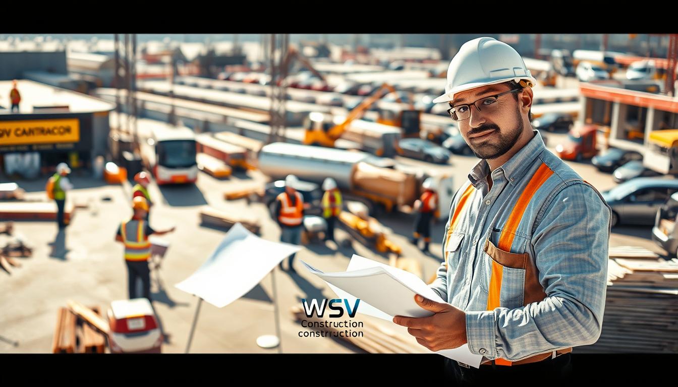 A confident contractor in professional attire stands prominently in the foreground, examining plans at a construction site, with a clipboard in hand. In the middle ground, construction tools and equipment are neatly organized, while workers engage in various tasks, such as directing traffic and unloading materials. The background reveals a busy construction site with clear signage and organized parking, highlighting efficiency in site logistics. The scene is bathed in bright daylight, casting soft shadows that accentuate the hustle and bustle of the environment. The overall mood is focused and industrious, embodying the essence of "Direct Contractor Advice: No Fluff, Just Results." The branding "WSV Group Construction" is subtly integrated into the scene through signage.