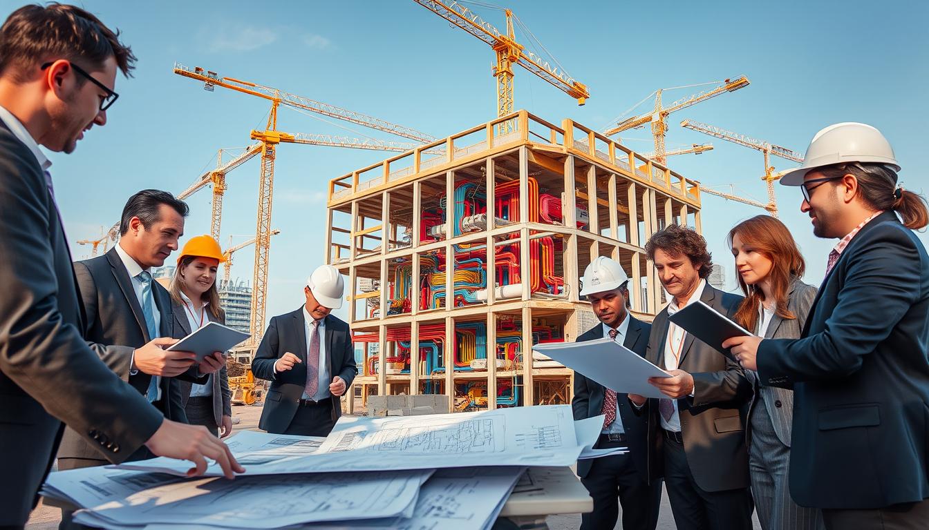 A dynamic construction site showcasing MEP (Mechanical, Electrical, Plumbing) coordination for commercial projects. In the foreground, a diverse team of professionals in business attire collaborates over detailed blueprints, highlighting modern technology like tablets and digital models. In the middle ground, vibrant pipes, wiring, and HVAC systems are neatly integrated within a partially constructed building, emphasizing precise layouts and careful planning. The background features cranes and equipment under a clear blue sky, signifying progress and innovation. Soft, natural lighting enhances the scene, casting realistic shadows that create depth. Capture the energy and teamwork essential to MEP coordination, reinforcing WSV Group Construction's commitment to smart, effective solutions.