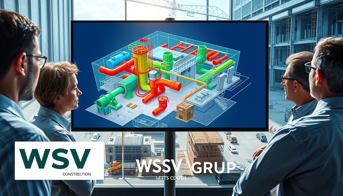 A dynamic scene showcasing Building Information Modeling (BIM) and clash detection in MEP (Mechanical, Electrical, and Plumbing) coordination within a commercial construction project. In the foreground, a diverse team of professionals in business attire intensely scrutinizes a large digital screen displaying a colorful 3D model with clash detection highlighted in red and green. The middle layer features detailed 3D models of pipes, ducts, and electrical systems interwoven with a blueprint layout, emphasizing coordination complexities. In the background, a high-tech construction site with architectural models and construction equipment is visible, bathed in natural daylight with soft shadows enhancing the technical atmosphere. The logo of "WSV Group Construction" is subtly integrated into the design, reinforcing professionalism in this collaborative environment.