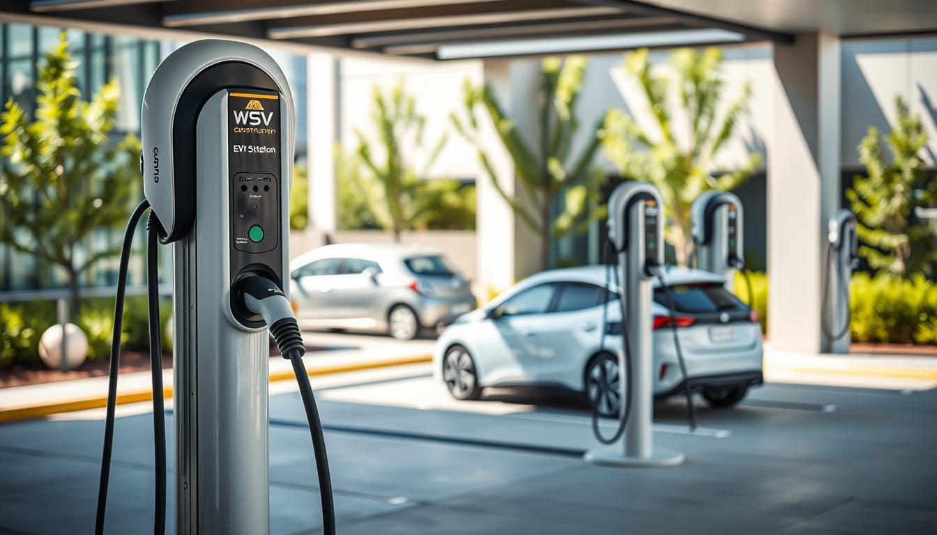 A modern EV charging installation featuring several charging stations mounted on sleek, innovative hooks. In the foreground, the hooks should be clearly visible, showcasing their unique design and sturdy construction, branded with "WSV Group Construction". The middle ground includes two electric vehicles plugged into the chargers, defined contours highlighting the vehicles' aerodynamic shapes under soft daylight. The background displays a commercial property setting, with clean lines and greenery, reflecting an eco-friendly atmosphere. Natural lighting filters through, casting subtle shadows that enhance the professional look. The overall mood is forward-thinking and practical, emphasizing the importance of efficient EV infrastructure in commercial spaces.