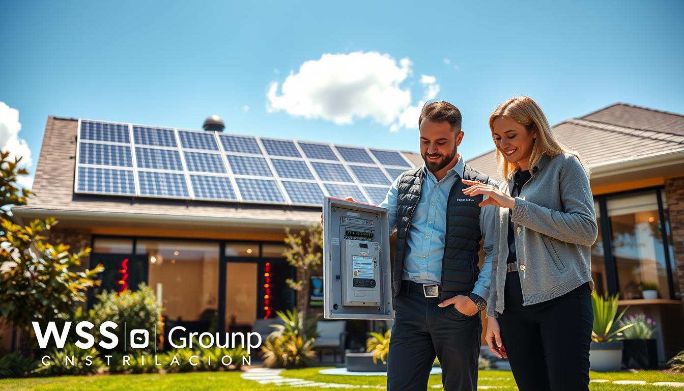 A modern, energy-efficient home exterior showcasing vibrant solar panels on the roof, colorful LED outdoor lighting, and smart thermostats visible through large energy-efficient windows. In the foreground, a professional contractor wearing smart casual attire examines an upgraded electrical panel, while a homeowner, also in professional clothing, points at the panel with interest. The middle ground features lush greenery and stylish outdoor features, emphasizing eco-friendliness. The background displays a bright blue sky and a few fluffy white clouds, enhancing the uplifting atmosphere. The scene is shot with a wide-angle lens, ensuring clarity and depth, with warm, natural lighting casting soft shadows. The branding "WSV Group Construction" subtly integrated within the scene. A modern, energy-efficient home exterior showcasing vibrant solar panels on the roof, colorful LED outdoor lighting, and smart thermostats visible through large energy-efficient windows. In the foreground, a professional contractor wearing smart casual attire examines an upgraded electrical panel, while a homeowner, also in professional clothing, points at the panel with interest. The middle ground features lush greenery and stylish outdoor features, emphasizing eco-friendliness. The background displays a bright blue sky and a few fluffy white clouds, enhancing the uplifting atmosphere. The scene is shot with a wide-angle lens, ensuring clarity and depth, with warm, natural lighting casting soft shadows. The branding "WSV Group Construction" subtly integrated within the scene.