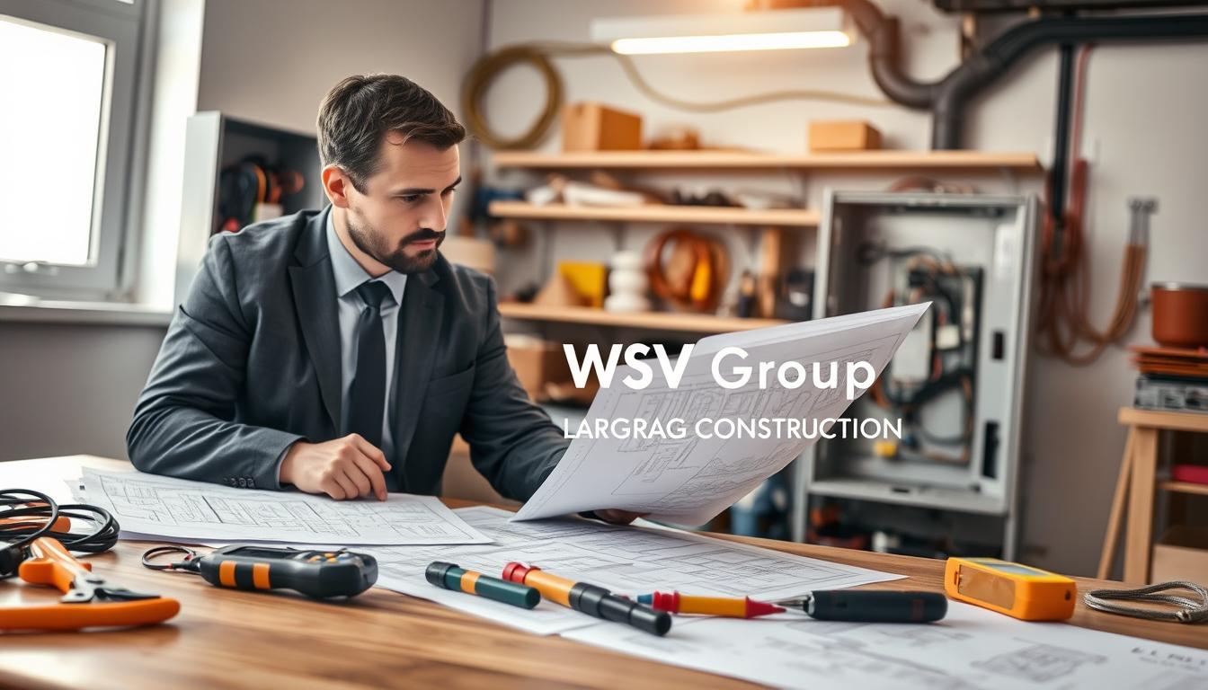 A professional electrician, dressed in business attire, is carefully reviewing blueprints at a wooden table laden with electrical diagrams and upgrade plans. In the foreground, tools like wire cutters, a voltage tester, and a multimeter are neatly arranged. The middle ground features the electrician's focused expression while examining a large electrical panel, which shows signs of wear and requires an upgrade. The background displays a well-lit, modern workshop with shelves filled with electrical components, wires, and safety gear. The atmosphere is one of careful planning and professionalism, highlighting the importance of diligence in the electrical upgrade process. Soft, natural lighting streams in from a nearby window, ensuring a bright and productive work environment. Include the brand name "WSV Group Construction" subtly integrated into the workspace. A professional electrician, dressed in business attire, is carefully reviewing blueprints at a wooden table laden with electrical diagrams and upgrade plans. In the foreground, tools like wire cutters, a voltage tester, and a multimeter are neatly arranged. The middle ground features the electrician's focused expression while examining a large electrical panel, which shows signs of wear and requires an upgrade. The background displays a well-lit, modern workshop with shelves filled with electrical components, wires, and safety gear. The atmosphere is one of careful planning and professionalism, highlighting the importance of diligence in the electrical upgrade process. Soft, natural lighting streams in from a nearby window, ensuring a bright and productive work environment. Include the brand name "WSV Group Construction" subtly integrated into the workspace.