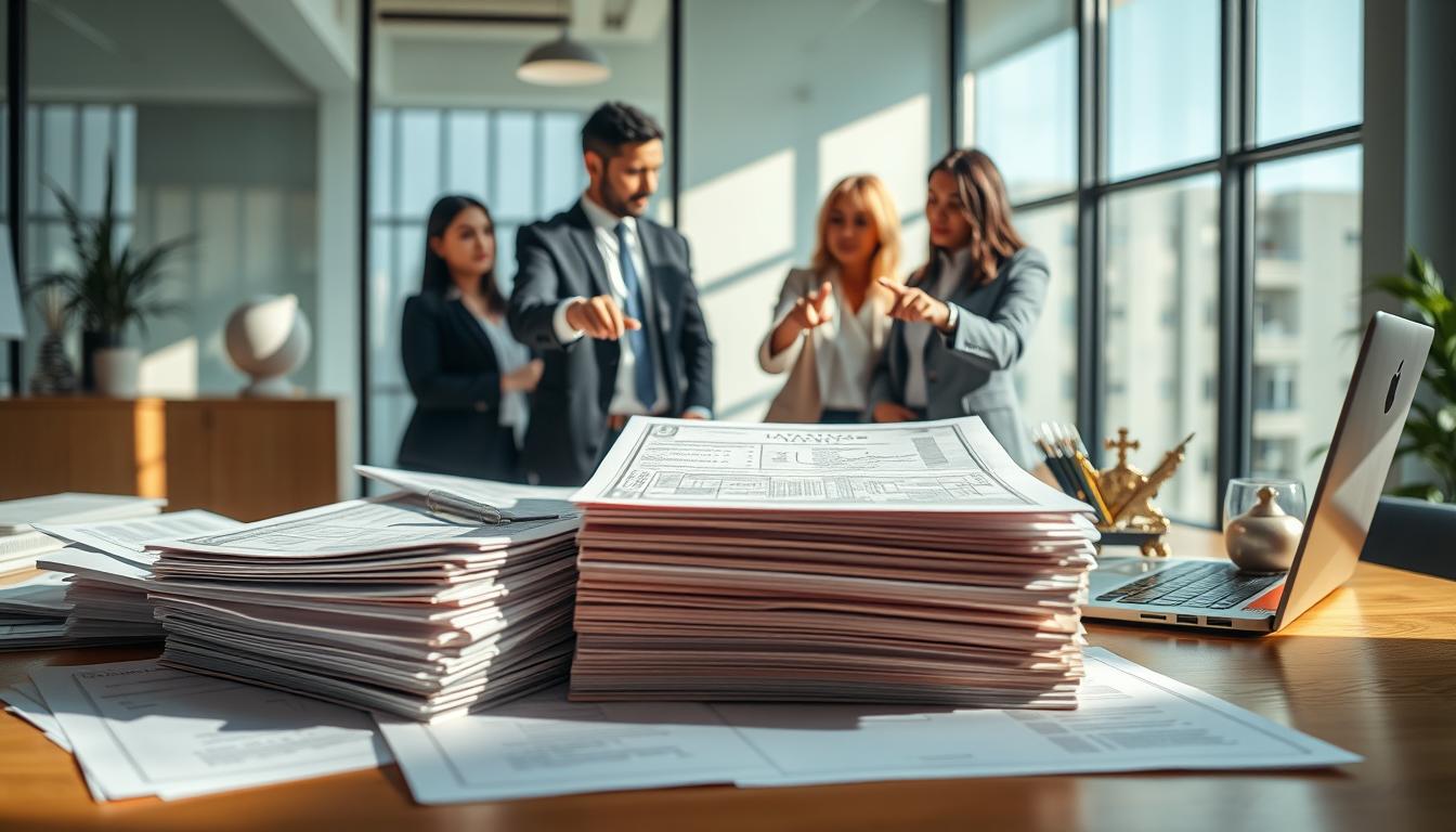 A professional setting with a foreground view of a well-organized desk featuring neatly arranged Certificates of Insurance (COIs) stacked alongside a laptop displaying construction plans. In the middle, include a diverse group of three business professionals in smart business attire, engaged in a serious discussion, pointing at the certificates with focus and intent. The background shows a bright, modern office interior with large windows allowing natural light to filter in, enhancing the atmosphere of professionalism and trust. Soft shadows are cast across the room, creating a warm yet productive mood. The WSV Group Construction logo is subtly included in a decorative element on the desk, symbolizing reliability in risk management. Ensure the overall composition emphasizes the importance of COIs in reducing legal and financial risks for property owners.