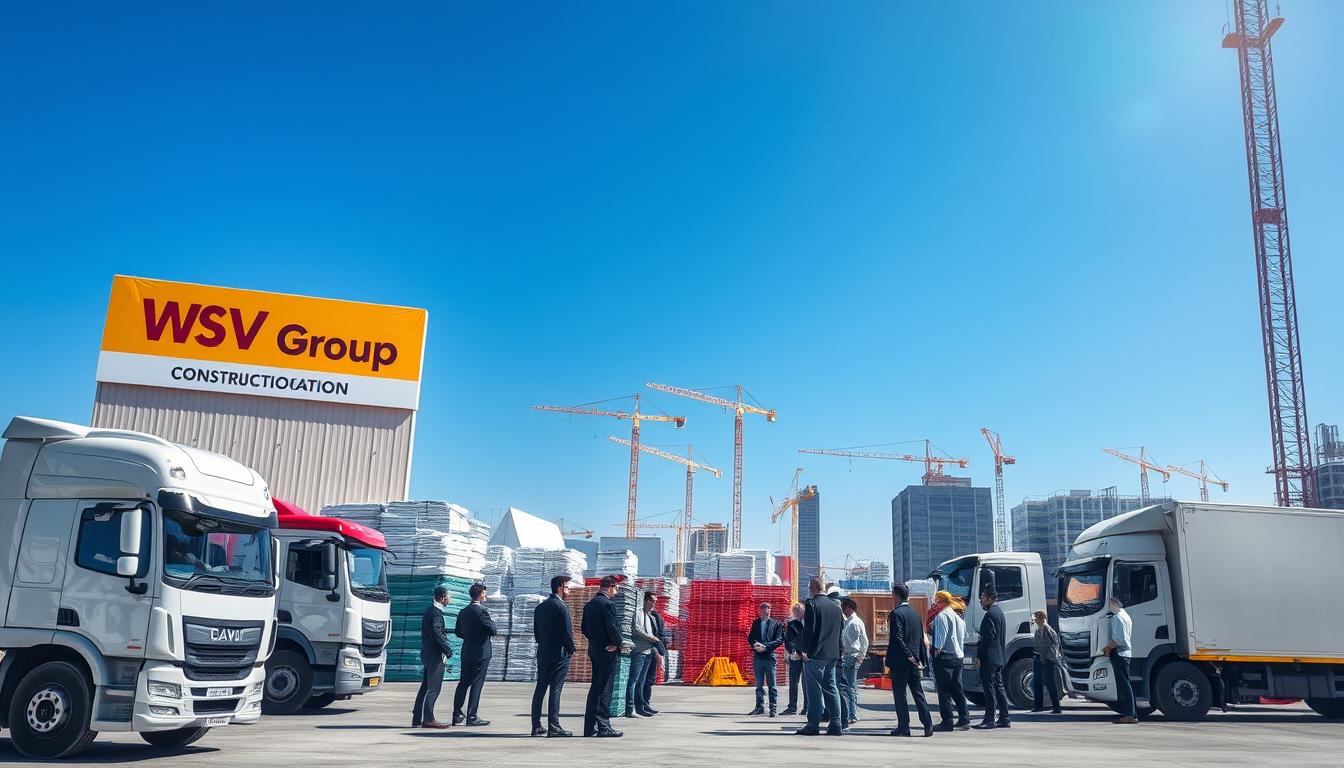 A vibrant, professional scene depicting a busy construction site with clear signage indicating "WSV Group Construction." In the foreground, a diverse group of professionals in business attire discusses logistics around parked delivery trucks and a streamlined loading area. The middle ground features organized stacks of materials and workers efficiently managing site access, while a bright blue sky fills the background, showcasing cranes and building structures. Natural lighting enhances a sense of productivity and professionalism. The overall atmosphere is one of collaboration and efficiency, emphasizing the critical aspects of customer experience and business support in site logistics, ensuring a successful project outcome.