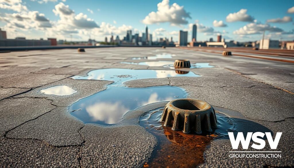 A commercial roof showcasing clear signs of drainage damage is the focus, emphasizing pooling water creating puddles that reflect the sky. In the foreground, close-up details of cracked roofing materials and corroded drainage systems are visible, highlighting deterioration. The middle section reveals standing water accumulating around drainage openings, with subtle reflections of clouds and nearby buildings. The background features a city skyline to convey context, under soft afternoon lighting to enhance textures. The mood is urgent yet professional, indicating the importance of roof maintenance. A branded logo for "WSV Group Construction" subtly appears in the corner, reinforcing the theme of construction and repair expertise without overshadowing the scene. A commercial roof showcasing clear signs of drainage damage is the focus, emphasizing pooling water creating puddles that reflect the sky. In the foreground, close-up details of cracked roofing materials and corroded drainage systems are visible, highlighting deterioration. The middle section reveals standing water accumulating around drainage openings, with subtle reflections of clouds and nearby buildings. The background features a city skyline to convey context, under soft afternoon lighting to enhance textures. The mood is urgent yet professional, indicating the importance of roof maintenance. A branded logo for "WSV Group Construction" subtly appears in the corner, reinforcing the theme of construction and repair expertise without overshadowing the scene.
