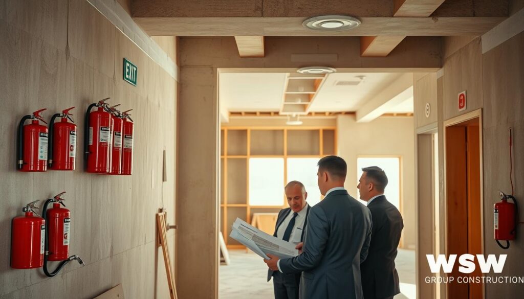 A construction site undergoing renovation with clear fire safety measures in place. In the foreground, a team of three professionals in business attire examines blueprints. The middle ground shows bright red fire extinguishers mounted on walls and a clearly marked emergency exit sign. Beyond, a partially renovated room is visible, showcasing fire-resistant materials and smoke detectors installed on the ceiling. Soft, natural lighting floods the room, creating a warm yet focused atmosphere. Camera angles feature a slight upward tilt to emphasize safety equipment while maintaining a sense of professionalism. The construction company "WSV Group Construction" is subtly represented through work uniforms. The image conveys a sense of preparedness and responsibility in fire safety during renovations. A construction site undergoing renovation with clear fire safety measures in place. In the foreground, a team of three professionals in business attire examines blueprints. The middle ground shows bright red fire extinguishers mounted on walls and a clearly marked emergency exit sign. Beyond, a partially renovated room is visible, showcasing fire-resistant materials and smoke detectors installed on the ceiling. Soft, natural lighting floods the room, creating a warm yet focused atmosphere. Camera angles feature a slight upward tilt to emphasize safety equipment while maintaining a sense of professionalism. The construction company "WSV Group Construction" is subtly represented through work uniforms. The image conveys a sense of preparedness and responsibility in fire safety during renovations.
