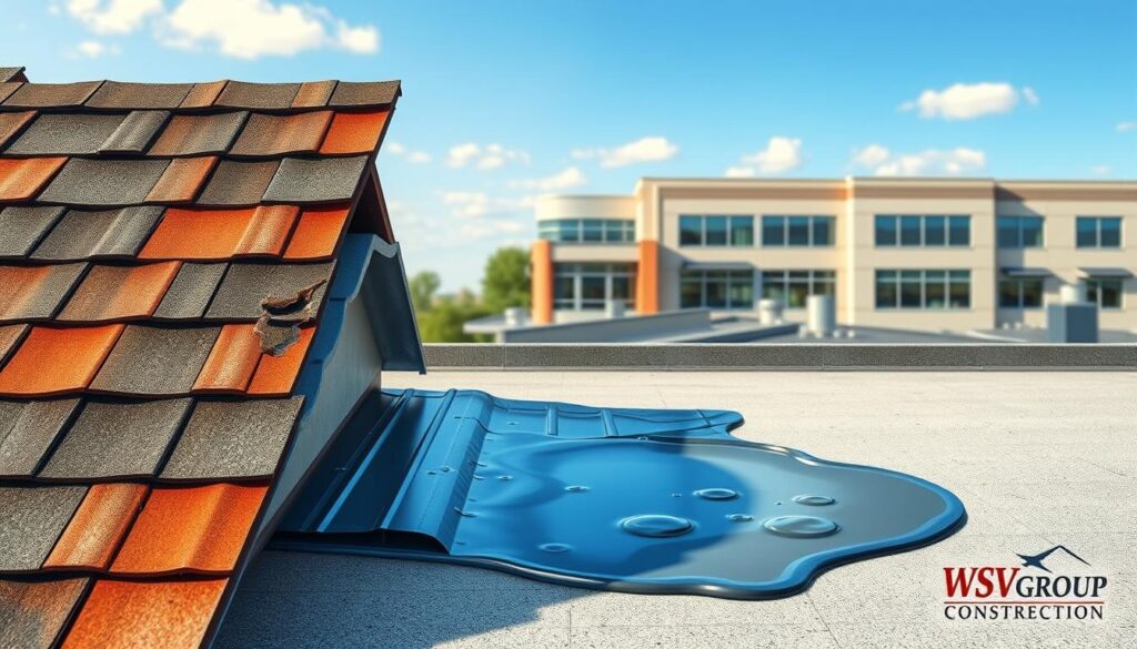 A detailed illustration showcasing common roofing materials and their vulnerabilities. In the foreground, display sections of various roofing types: asphalt shingles, metal panels, and flat roofing systems, with focus on their wear, tears, and potential leaking points. The middle ground features a close-up of a ponding water area on a flat roof, highlighting the risks associated with poor drainage. In the background, depict a commercial building with a clear blue sky, emphasizing the importance of proper roofing maintenance. Use natural lighting with soft shadows to create a professional, informative atmosphere. Capture the image from a slightly elevated angle, allowing for a comprehensive view of the roofing materials. Include a subtle yet visible logo of "WSV Group Construction" positioned discreetly in the corner. A detailed illustration showcasing common roofing materials and their vulnerabilities. In the foreground, display sections of various roofing types: asphalt shingles, metal panels, and flat roofing systems, with focus on their wear, tears, and potential leaking points. The middle ground features a close-up of a ponding water area on a flat roof, highlighting the risks associated with poor drainage. In the background, depict a commercial building with a clear blue sky, emphasizing the importance of proper roofing maintenance. Use natural lighting with soft shadows to create a professional, informative atmosphere. Capture the image from a slightly elevated angle, allowing for a comprehensive view of the roofing materials. Include a subtle yet visible logo of "WSV Group Construction" positioned discreetly in the corner.