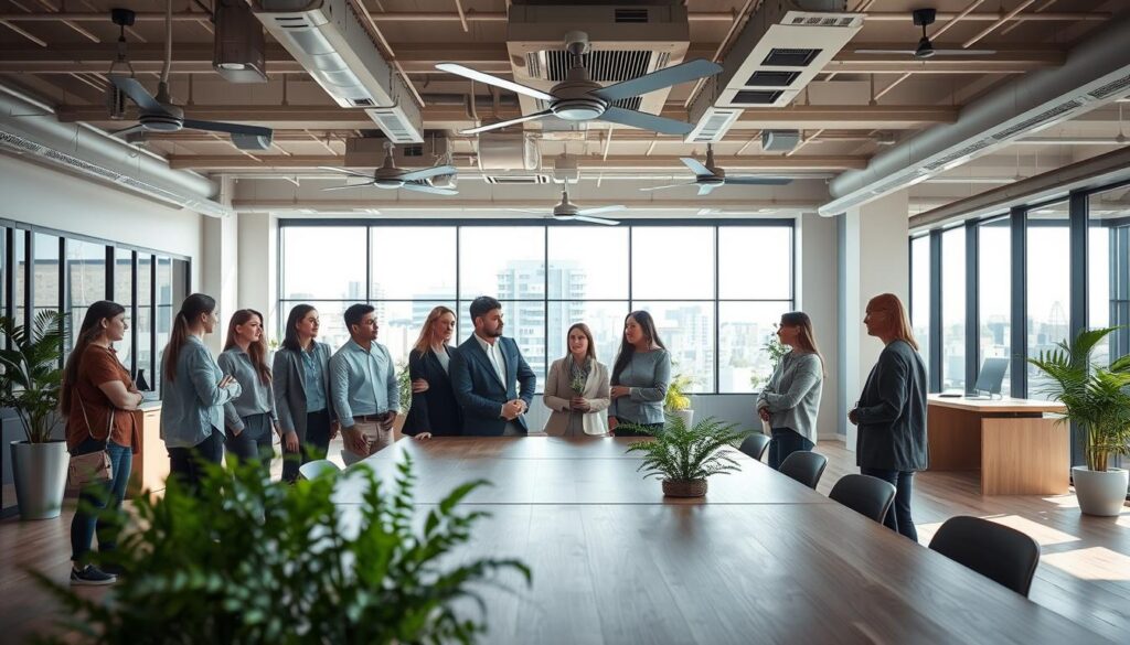 A modern office space designed with effective ventilation strategies, featuring energy-efficient windows, ceiling fans, and air circulation systems. In the foreground, a diverse group of professionals in smart casual attire discusses the layout around a large wooden table. The middle ground includes plants that enhance air quality, positioned near the designer air vents. In the background, a large window lets in natural light, casting soft shadows and highlighting the clean lines of the spacious interior. The atmosphere feels fresh and inviting, promoting comfort and health. Focus on details such as clear airways, modern HVAC systems, and the integration of greenery. Include branding elements subtly showcasing "WSV Group Construction" in the environment. Use bright, natural lighting to enhance the overall ambiance.