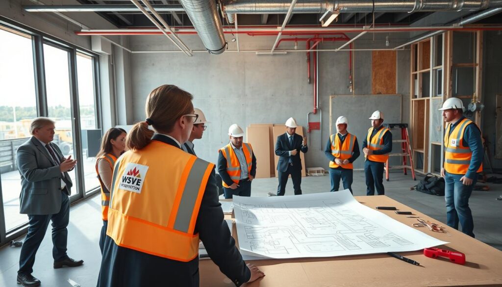A modern, well-lit construction site illustrating smart fire protection strategies during a renovation project. In the foreground, a diverse group of professionals in business attire discusses plans over a table filled with blueprints, including fire safety schematics. In the middle, installation of advanced fire alarms and sprinklers, highlighting cutting-edge technology with sleek, modern designs. Background includes partially renovated walls showcasing fire-resistant materials, with tools and construction equipment subtly positioned. Soft, natural lighting floods in through large windows, creating a collaborative and innovative atmosphere. The logo of WSV Group Construction prominently appears on safety gear worn by the professionals, emphasizing commitment to fire safety and compliance. The mood is focused, proactive, and solutions-oriented, perfect for depicting Smart Fire Protection Strategies. A modern, well-lit construction site illustrating smart fire protection strategies during a renovation project. In the foreground, a diverse group of professionals in business attire discusses plans over a table filled with blueprints, including fire safety schematics. In the middle, installation of advanced fire alarms and sprinklers, highlighting cutting-edge technology with sleek, modern designs. Background includes partially renovated walls showcasing fire-resistant materials, with tools and construction equipment subtly positioned. Soft, natural lighting floods in through large windows, creating a collaborative and innovative atmosphere. The logo of WSV Group Construction prominently appears on safety gear worn by the professionals, emphasizing commitment to fire safety and compliance. The mood is focused, proactive, and solutions-oriented, perfect for depicting Smart Fire Protection Strategies.