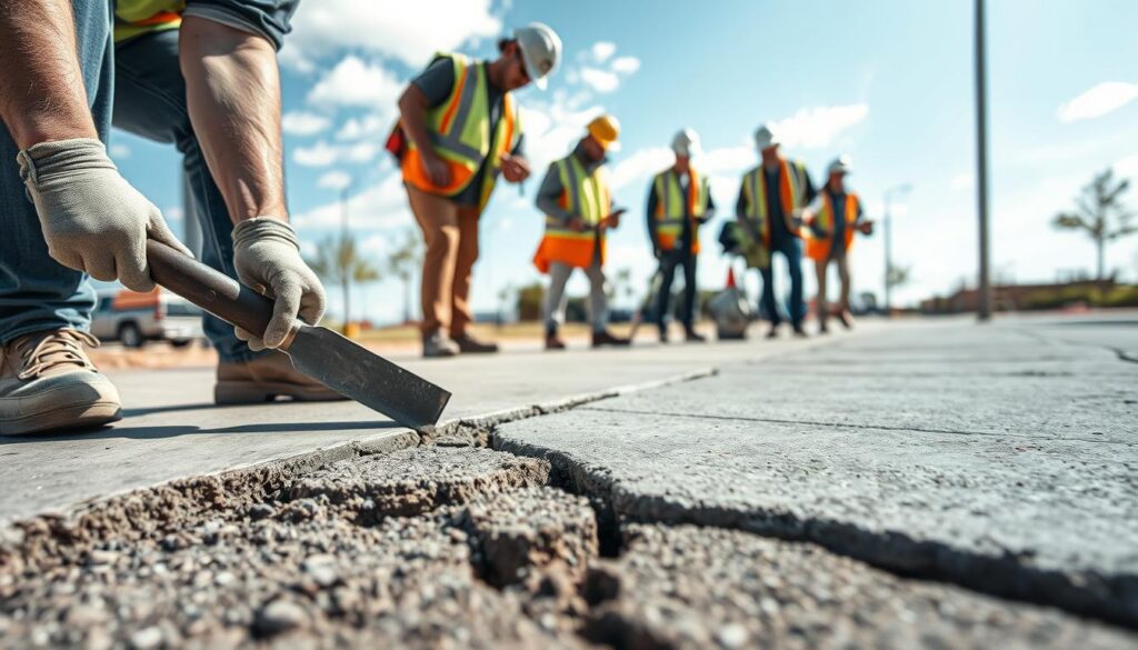 A professional repair crew from WSV Group Construction is diligently working on a cracked concrete sidewalk, illustrating the importance of timely repairs. In the foreground, focus on a worker applying special concrete sealant to a fresh crack, using tools like a trowel and a smoothing float. The middle ground features a partially repaired walkway showing visible before and after contrasts of spalling and surface wear. The background showcases a bright, sunny day with a clear blue sky, emphasizing uplifting hopefulness and urgency. Utilize soft, natural lighting to highlight the textures of the concrete and the workers' focused expressions, all dressed in safety gear and professional attire. The atmosphere conveys a sense of responsibility and professionalism in maintaining safety and aesthetic appeal in community spaces.