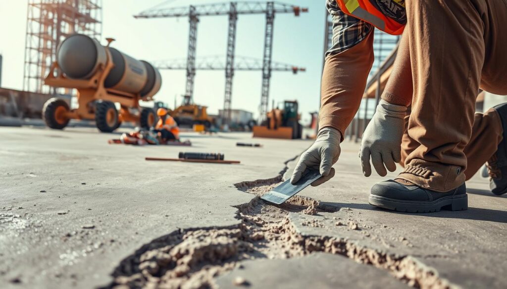 A visually rich depiction of concrete repair methods for cracks and spalling, featuring a close-up view of a construction worker in professional attire, applying a patching compound to a damaged concrete surface. In the foreground, show tools such as trowels, a concrete mixer, and safety equipment. The middle ground should emphasize various repair techniques: epoxy injection, resurfacing, and sealant application, illustrated with clear, detailed textures of the concrete. The background should include a construction site with heavy machinery and scaffolding, under bright daylight emphasizing the ongoing work. The atmosphere is industrious and focused, showcasing the commitment of WSV Group Construction to quality and safety in concrete repair. No text overlays or branding apart from the inherent context of the scene.