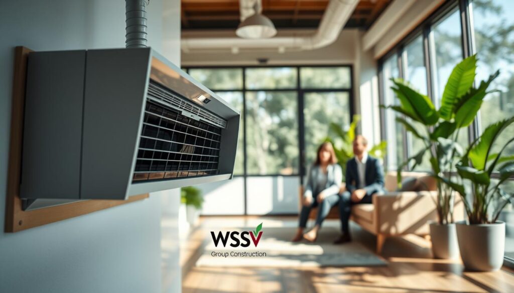 An indoor environment showcasing the importance of air quality, emphasizing a modern HVAC system. In the foreground, depict a clean, sleek HVAC unit expertly integrated into a stylish room. In the middle, illustrate a family enjoying a comfortable atmosphere, dressed in professional attire, demonstrating the psychological benefits of good air quality. Natural light filters through large windows, creating a warm and inviting ambiance. The background features lush indoor plants symbolizing freshness and clean air. Use a wide-angle lens for depth, with soft shadows to enhance the cozy mood. The image reflects comfort, efficiency, and advanced technology, incorporating the brand name “WSV Group Construction” subtly in the design elements.