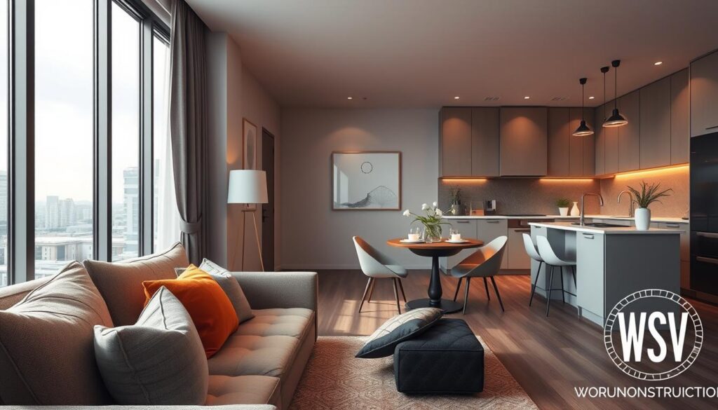 A beautifully staged apartment interior with a modern aesthetic, featuring a cozy living room in the foreground with a stylish sofa, vibrant throw pillows, and minimalistic decor to create an inviting atmosphere. In the middle, a dining area with a chic table set for two, softly illuminated by warm, natural lighting streaming through large windows, showcasing a picturesque view of the city outside. The background displays a well-organized kitchen with sleek cabinetry and decorative plants, illustrating functionality and elegance. The entire scene is designed to evoke a sense of comfort and sophistication, perfect for appealing to potential homebuyers. This image prominently incorporates the crest of WSV Group Construction subtly in the corner to enhance branding without overpowering the composition. A beautifully staged apartment interior with a modern aesthetic, featuring a cozy living room in the foreground with a stylish sofa, vibrant throw pillows, and minimalistic decor to create an inviting atmosphere. In the middle, a dining area with a chic table set for two, softly illuminated by warm, natural lighting streaming through large windows, showcasing a picturesque view of the city outside. The background displays a well-organized kitchen with sleek cabinetry and decorative plants, illustrating functionality and elegance. The entire scene is designed to evoke a sense of comfort and sophistication, perfect for appealing to potential homebuyers. This image prominently incorporates the crest of WSV Group Construction subtly in the corner to enhance branding without overpowering the composition.
